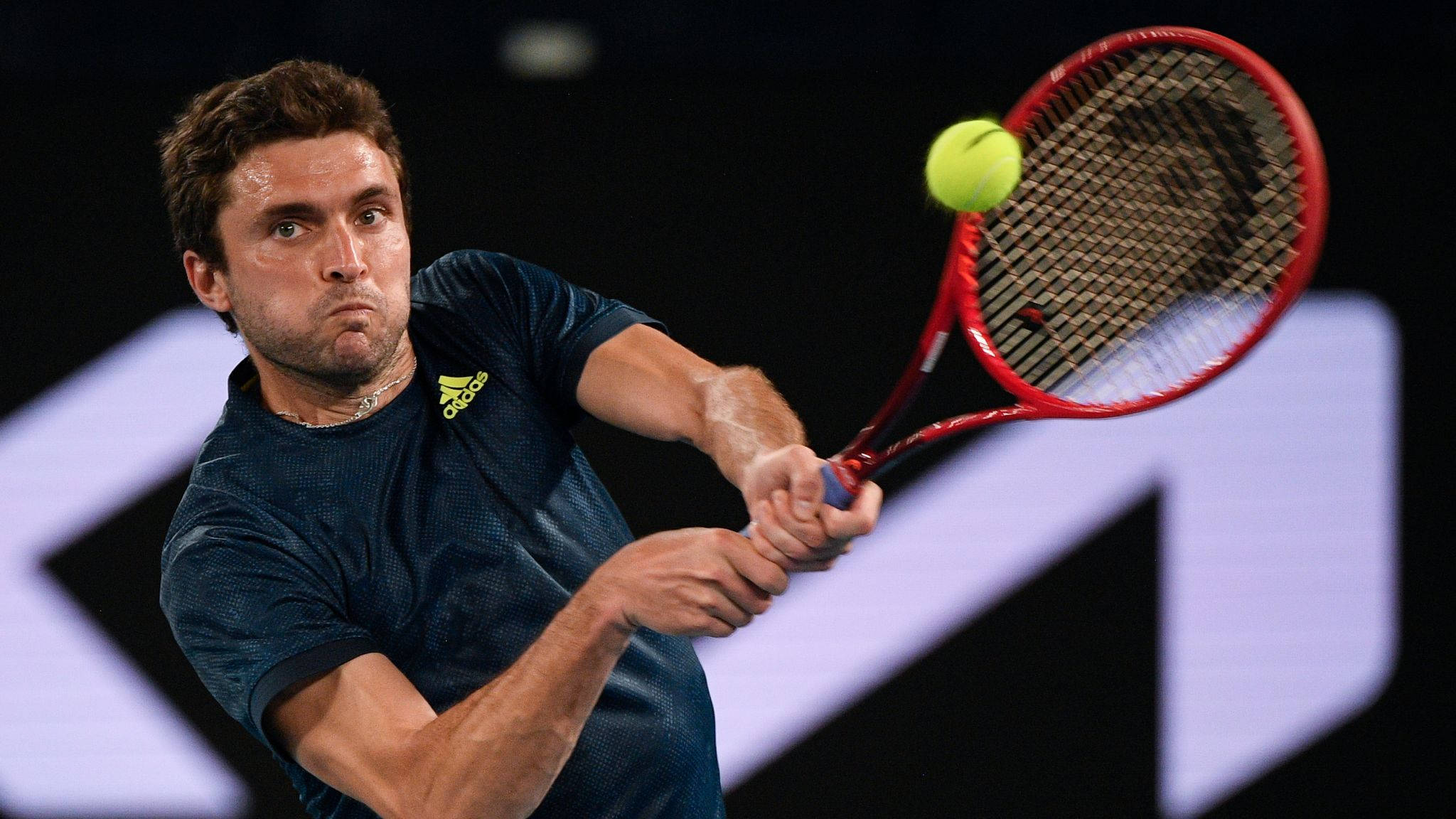 Gilles Simon, red racket, yellow tennis ball, Full HD Desktop Wallpaper