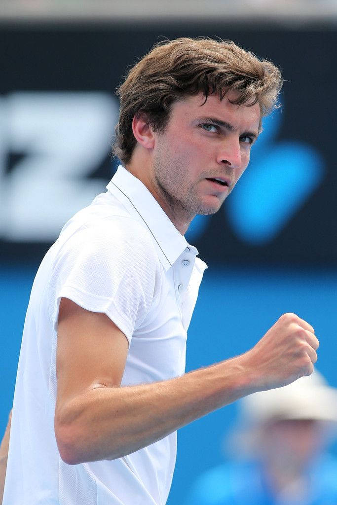 Gilles Simon, white polo shirt, blue court, SD Phone Wallpaper