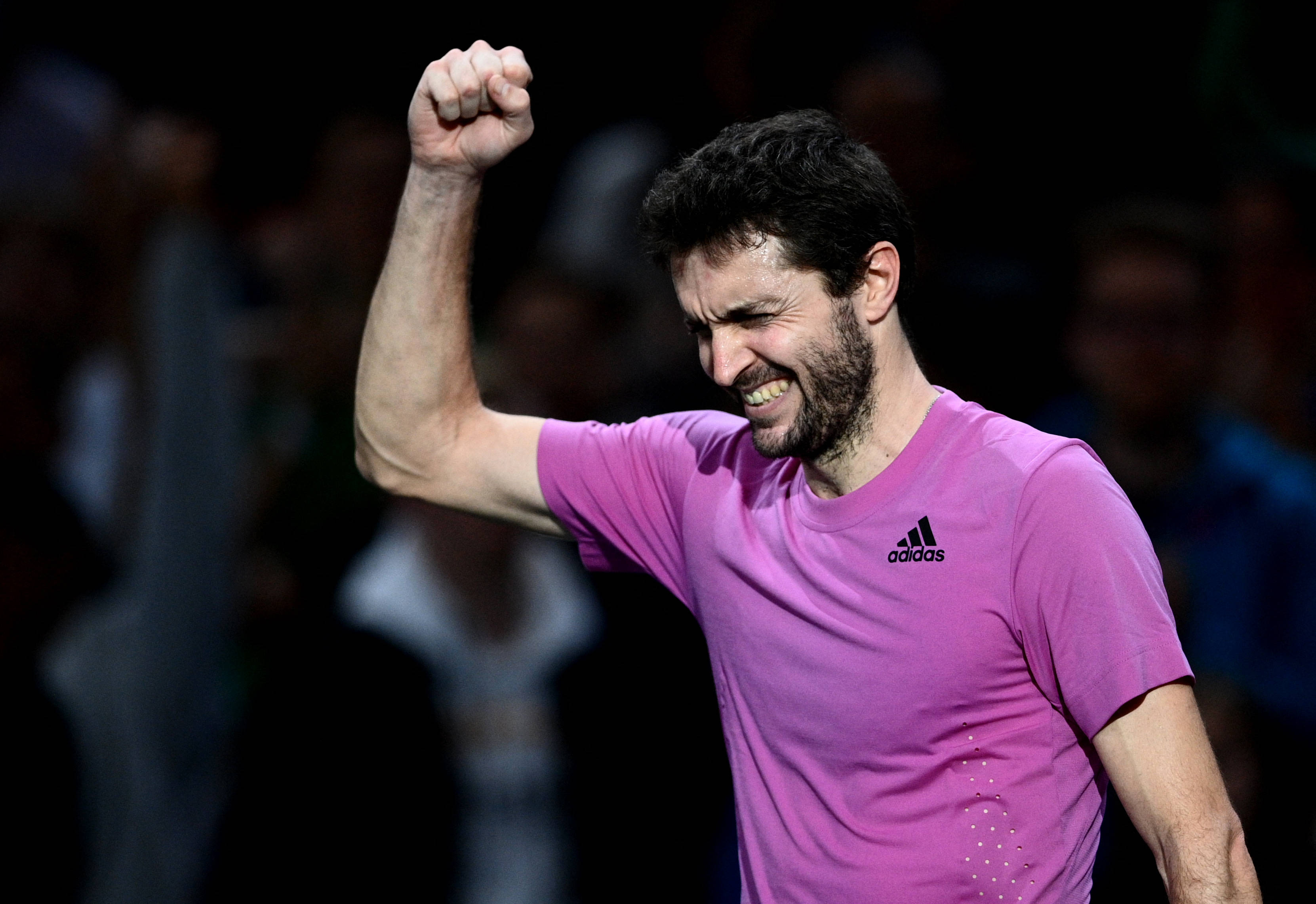 Gilles Simon, pink shirt, victory pose, 2K Desktop Wallpaper