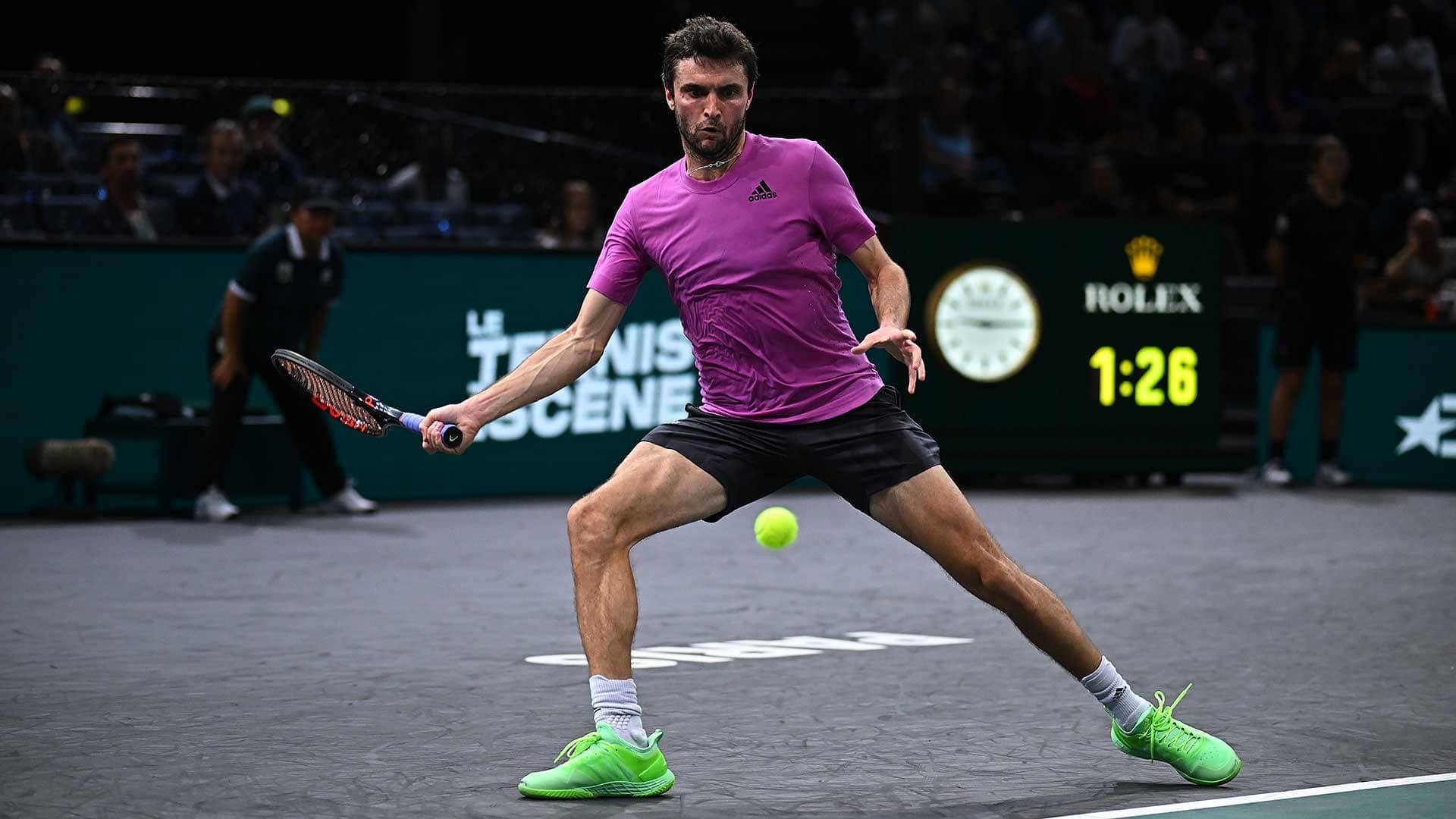 Gilles Simon, purple shirt, neon green shoes, Full HD Desktop Wallpaper