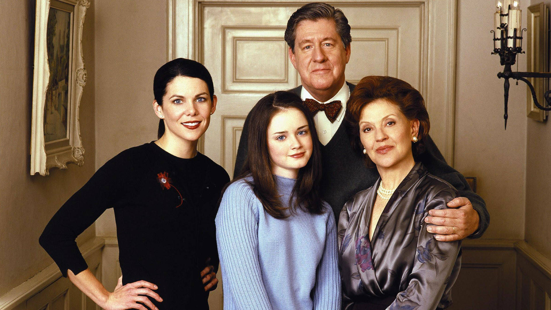 Gilmore Girls, family picture, warmly lit classic interior hallway, Full HD Desktop Wallpaper