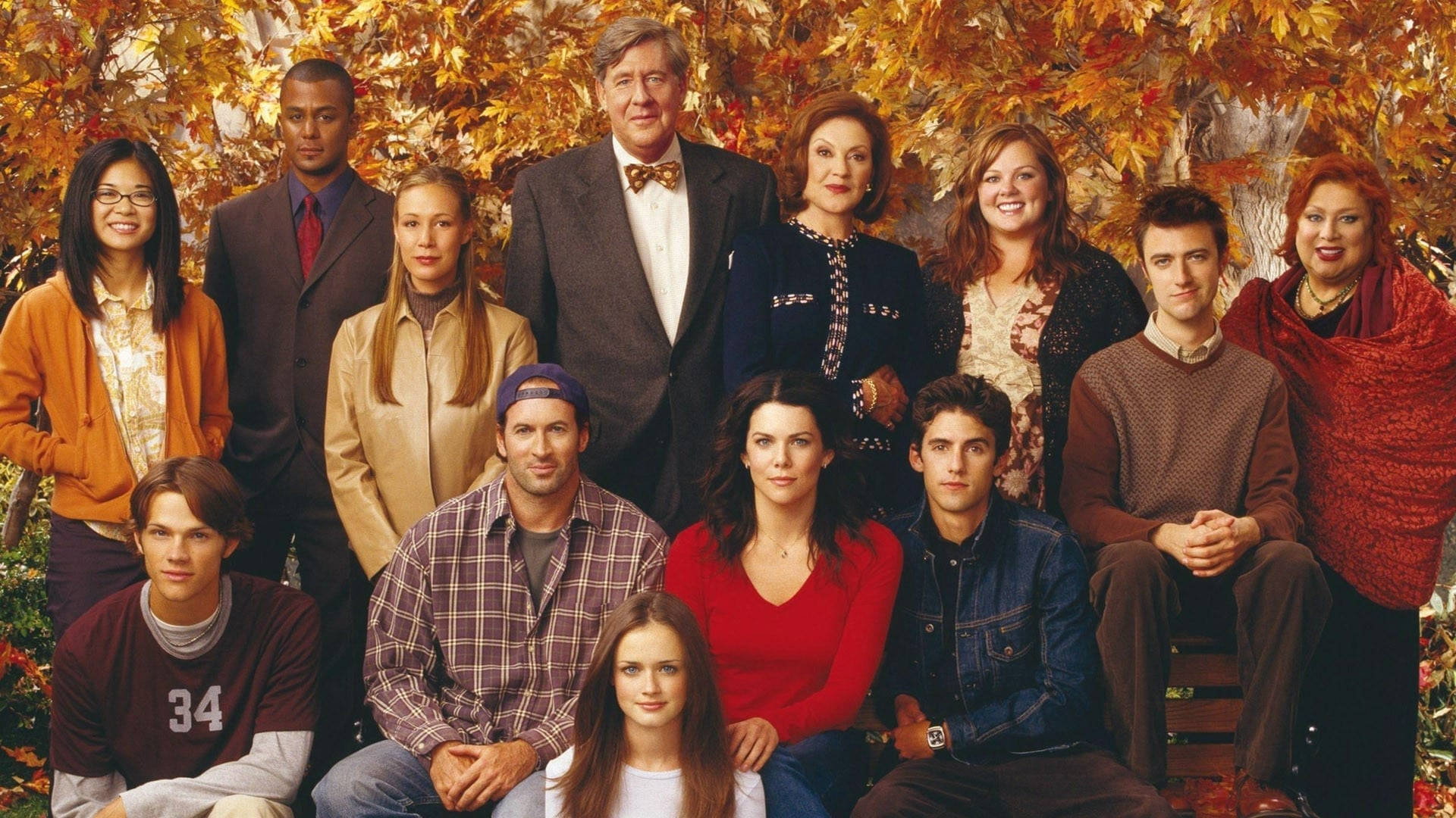 Gilmore Girls, whole cast, autumn leaf backdrop, Full HD Desktop Wallpaper