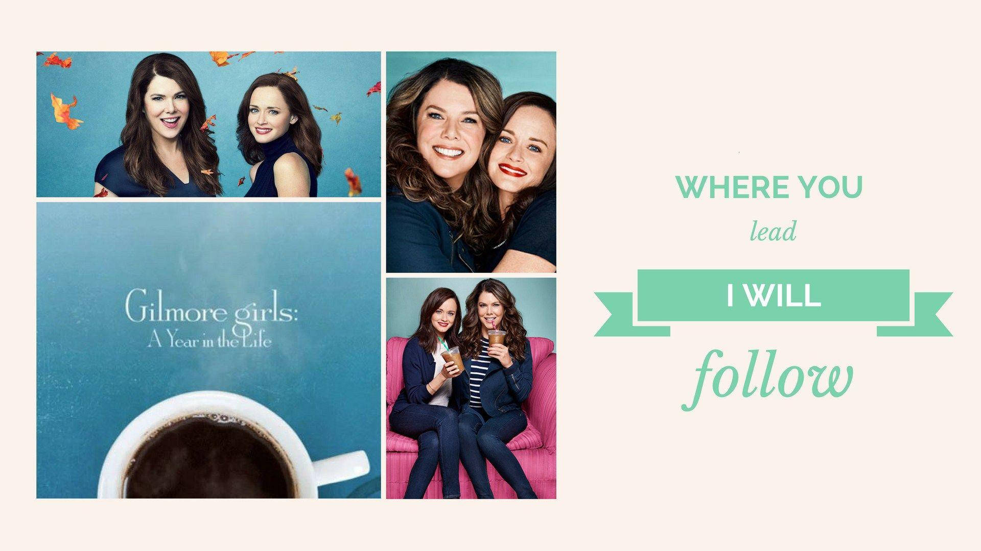 Gilmore Girls, teal backdrop, coffee cup, Full HD Desktop Wallpaper