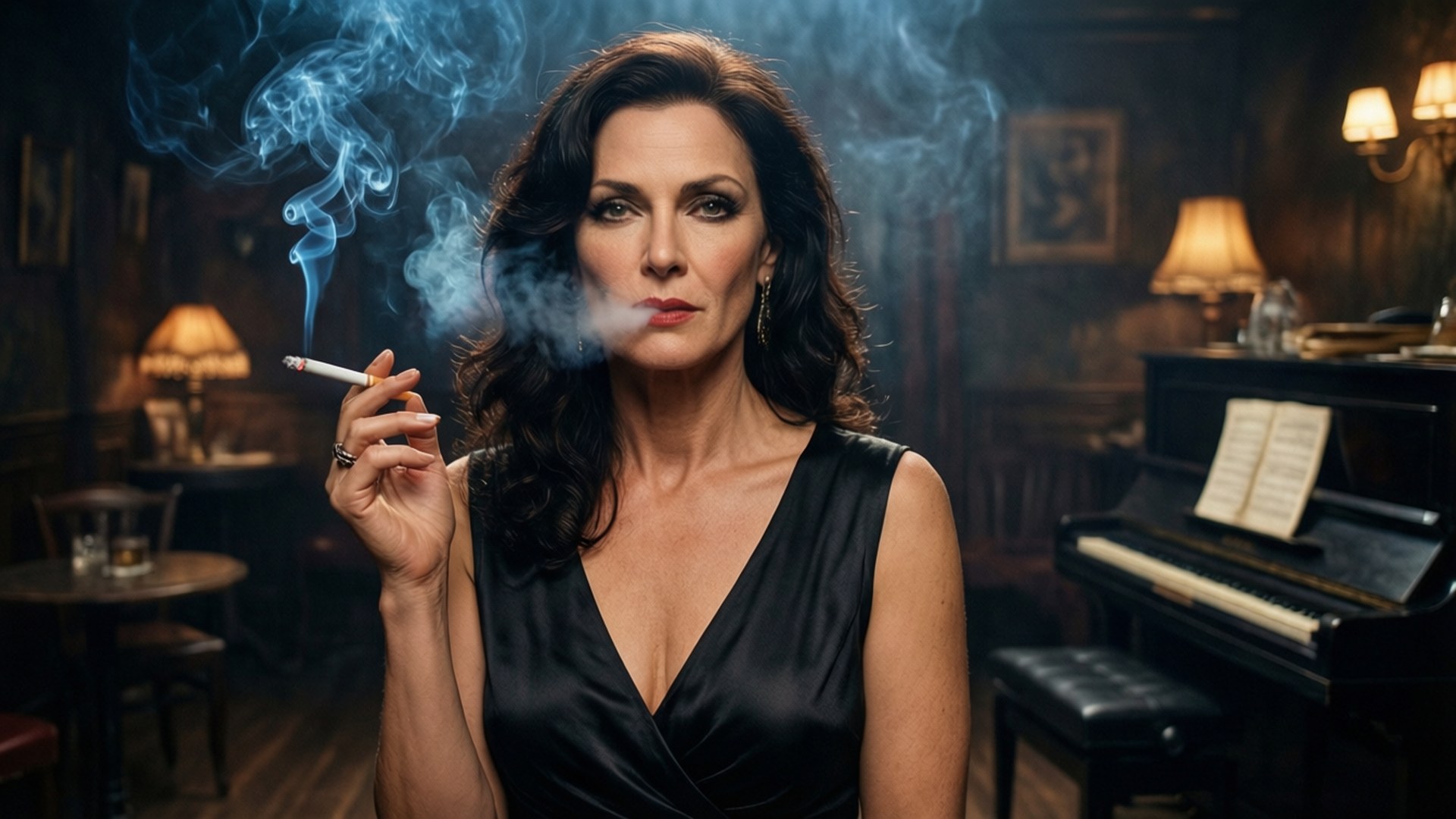 Gina Gershon, femme fatale, smoky jazz club, Full HD Desktop Wallpaper