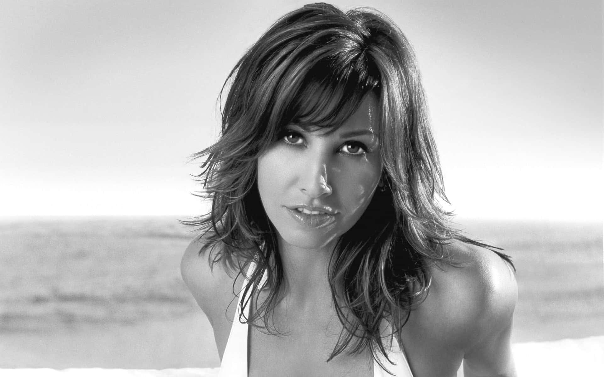 Gina Gershon, black and white portrait, windswept hair, Full HD Desktop Wallpaper
