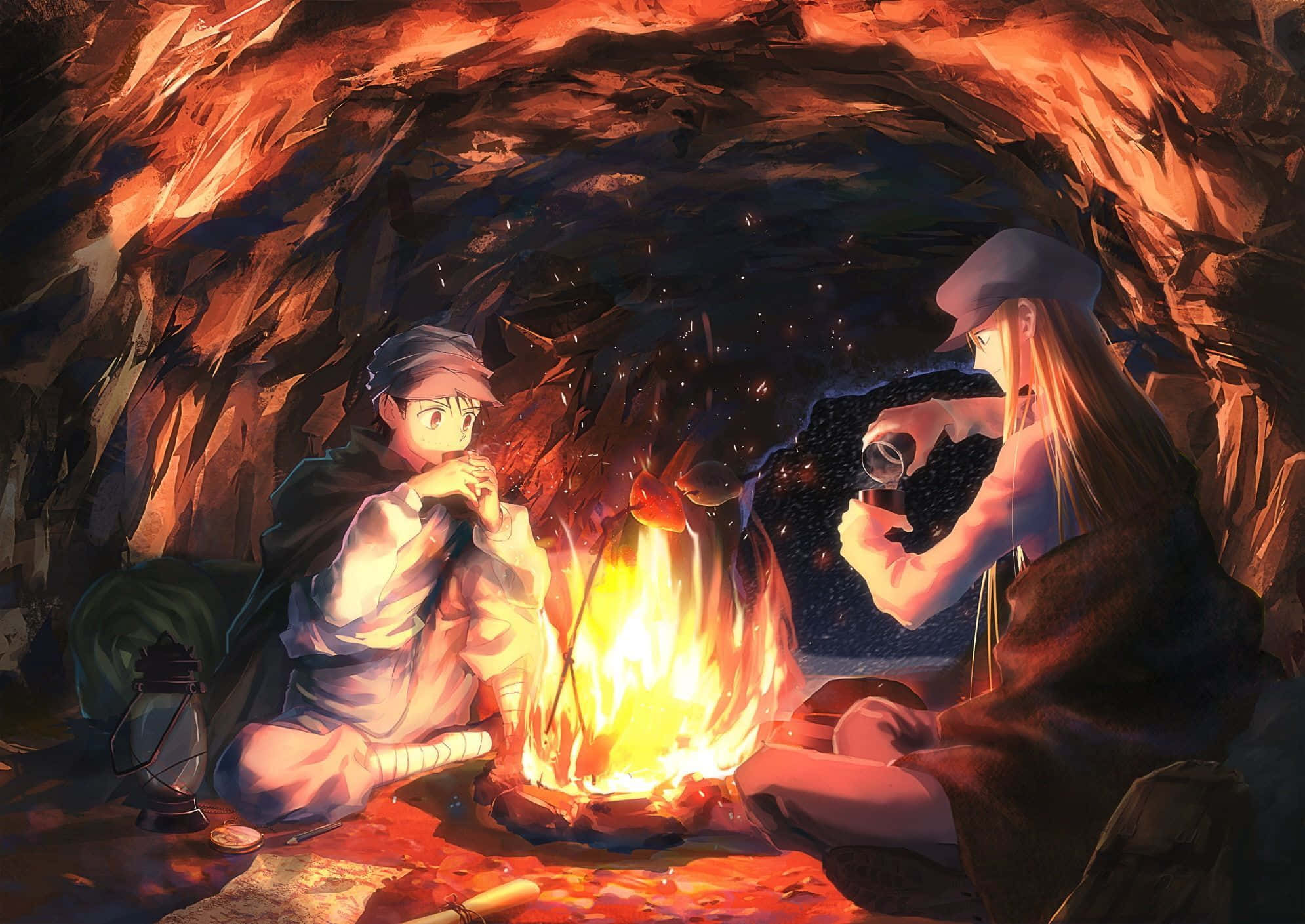 Ging Freecss, campfire, rocky cave, Full HD Desktop Wallpaper
