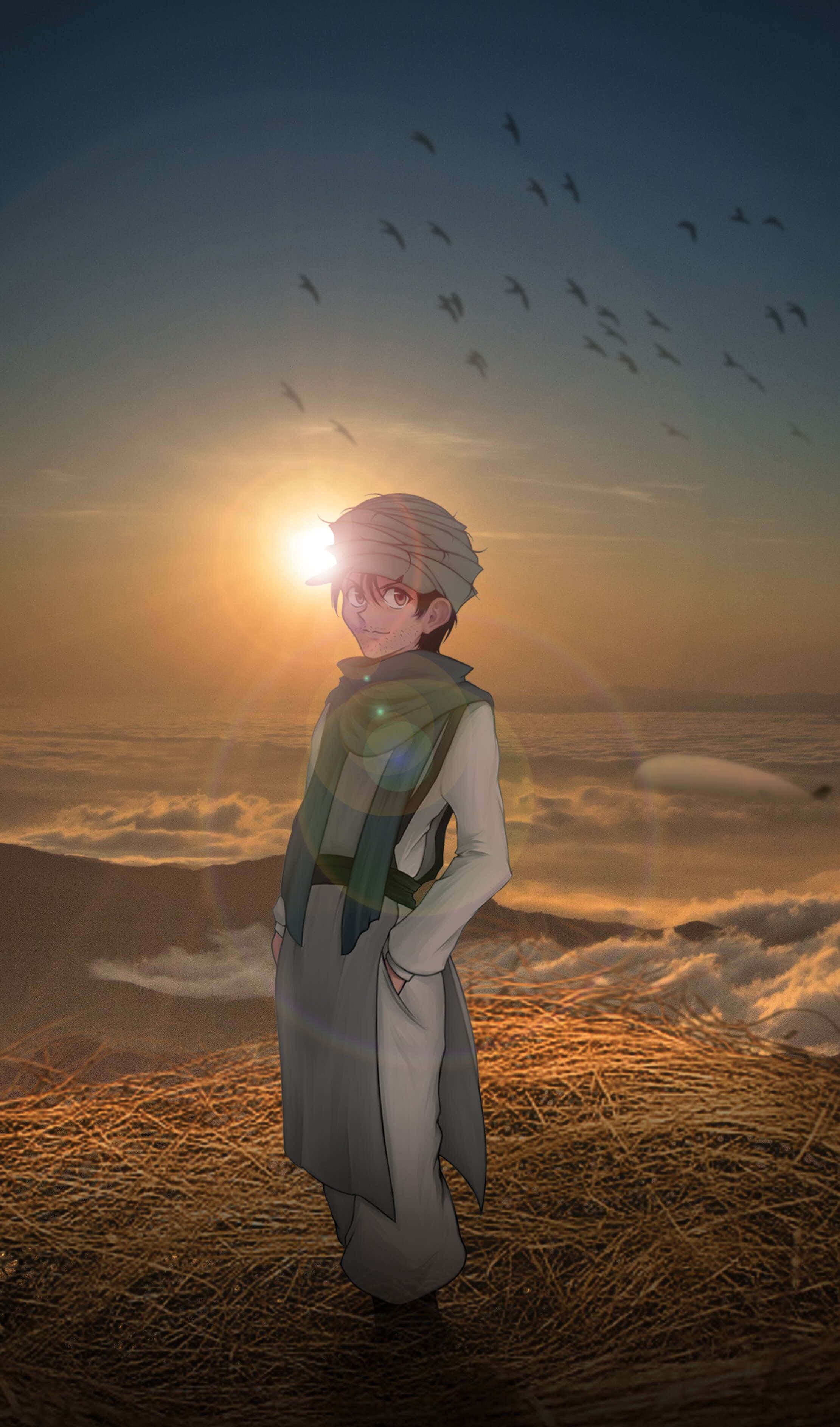 Ging Freecss, hay bale, sunset, 2K Phone Wallpaper