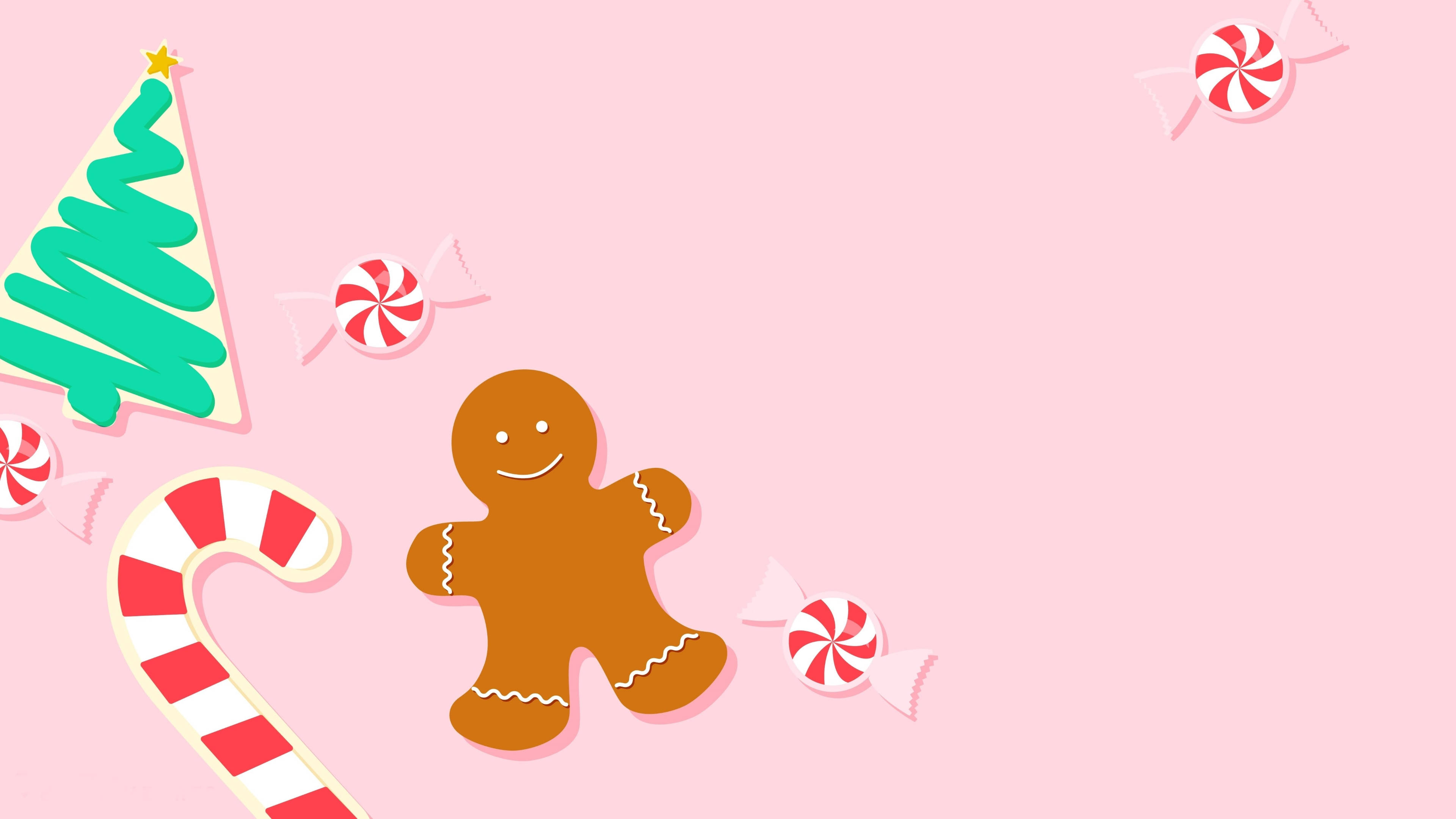 gingerbread man, candy cane, green tree, 4K Desktop Wallpaper