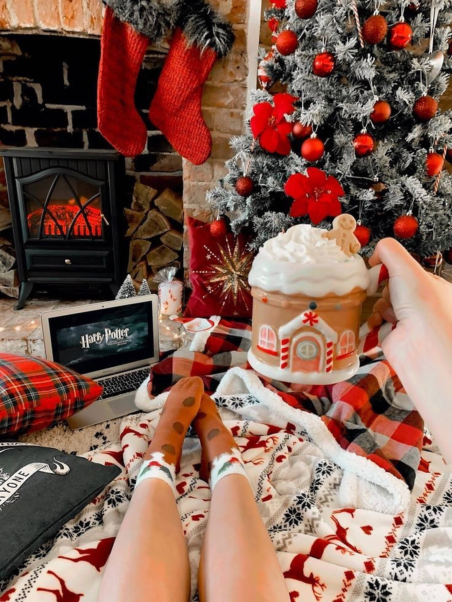 Cozy Christmas Aesthetic, gingerbread mug, fireplace, Full HD Phone Wallpaper