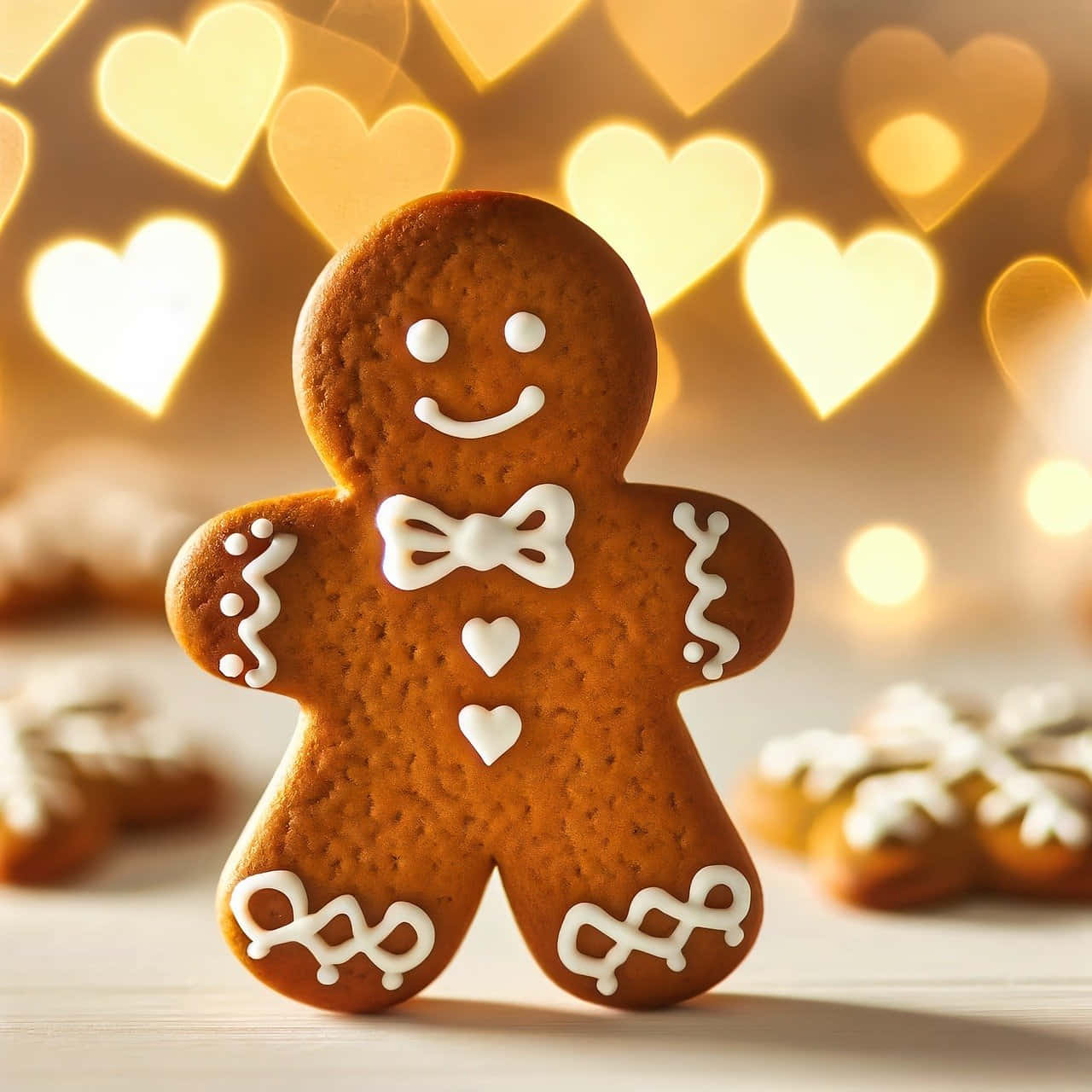 gingerbread man, white icing bow tie, hearts, HD Desktop Wallpaper