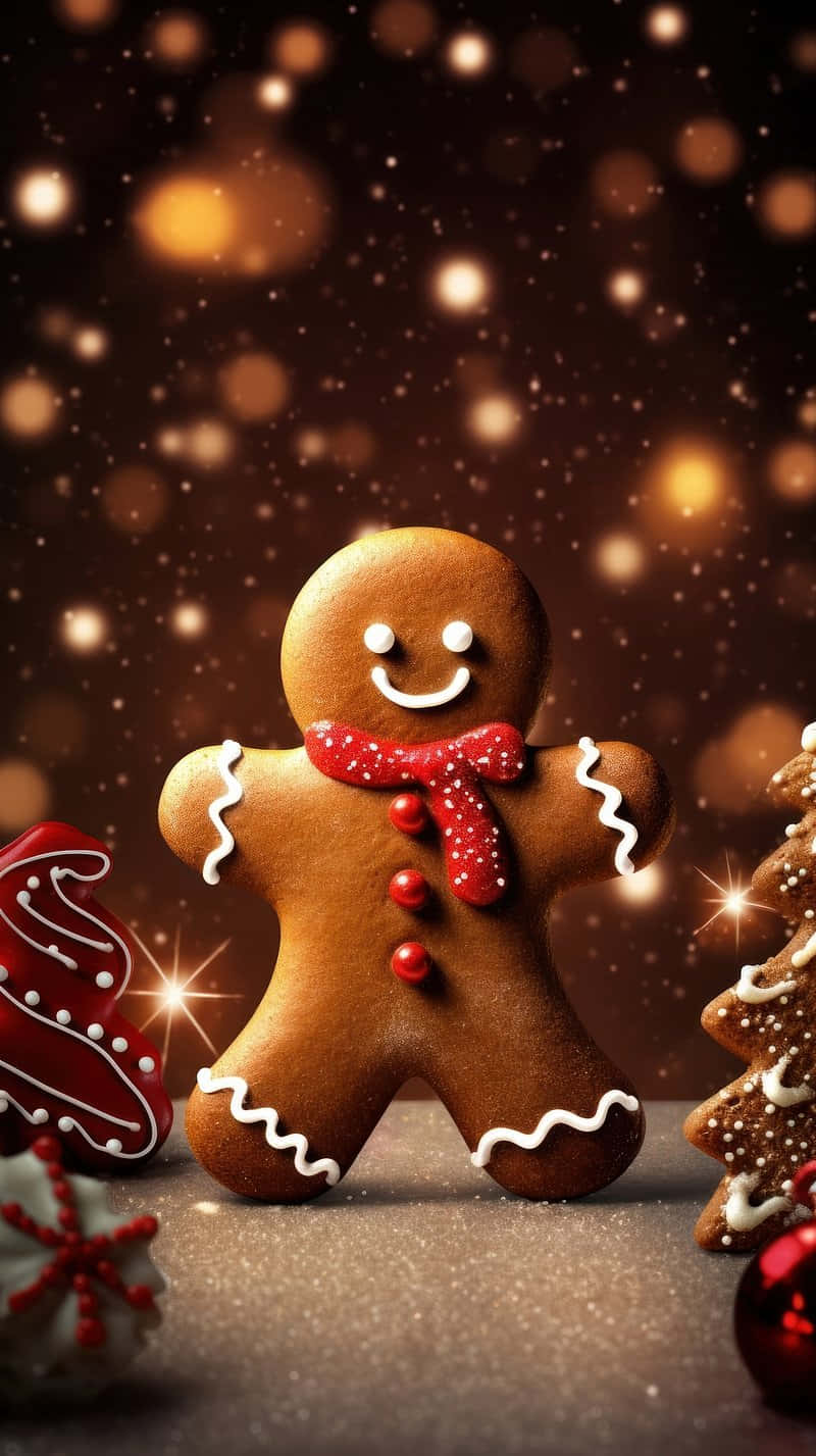 Gingerbread Man, red scarf, decorated tree, HD Phone Wallpaper
