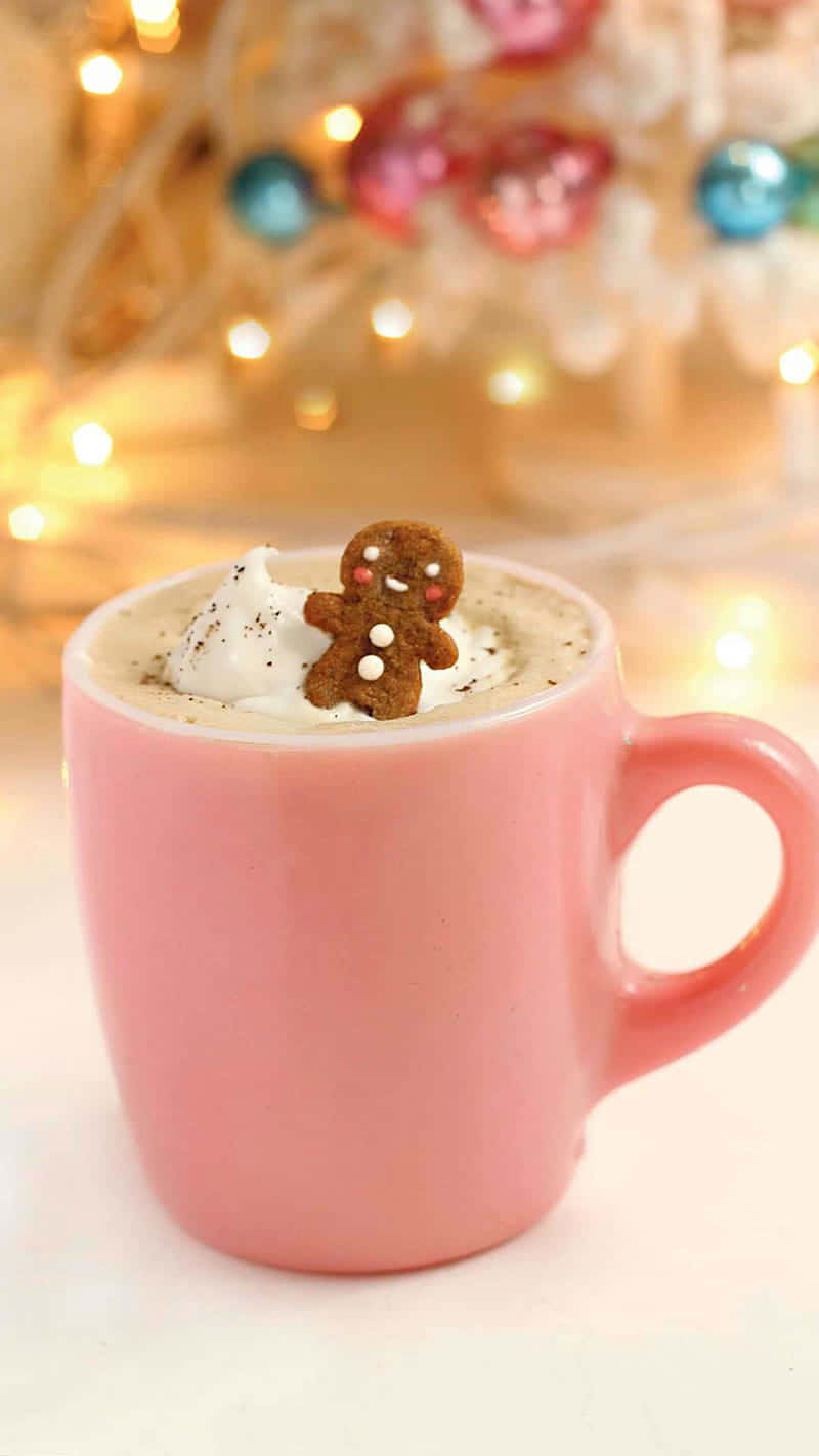 Gingerbread Man, hot cocoa, pink mug, HD Phone Wallpaper