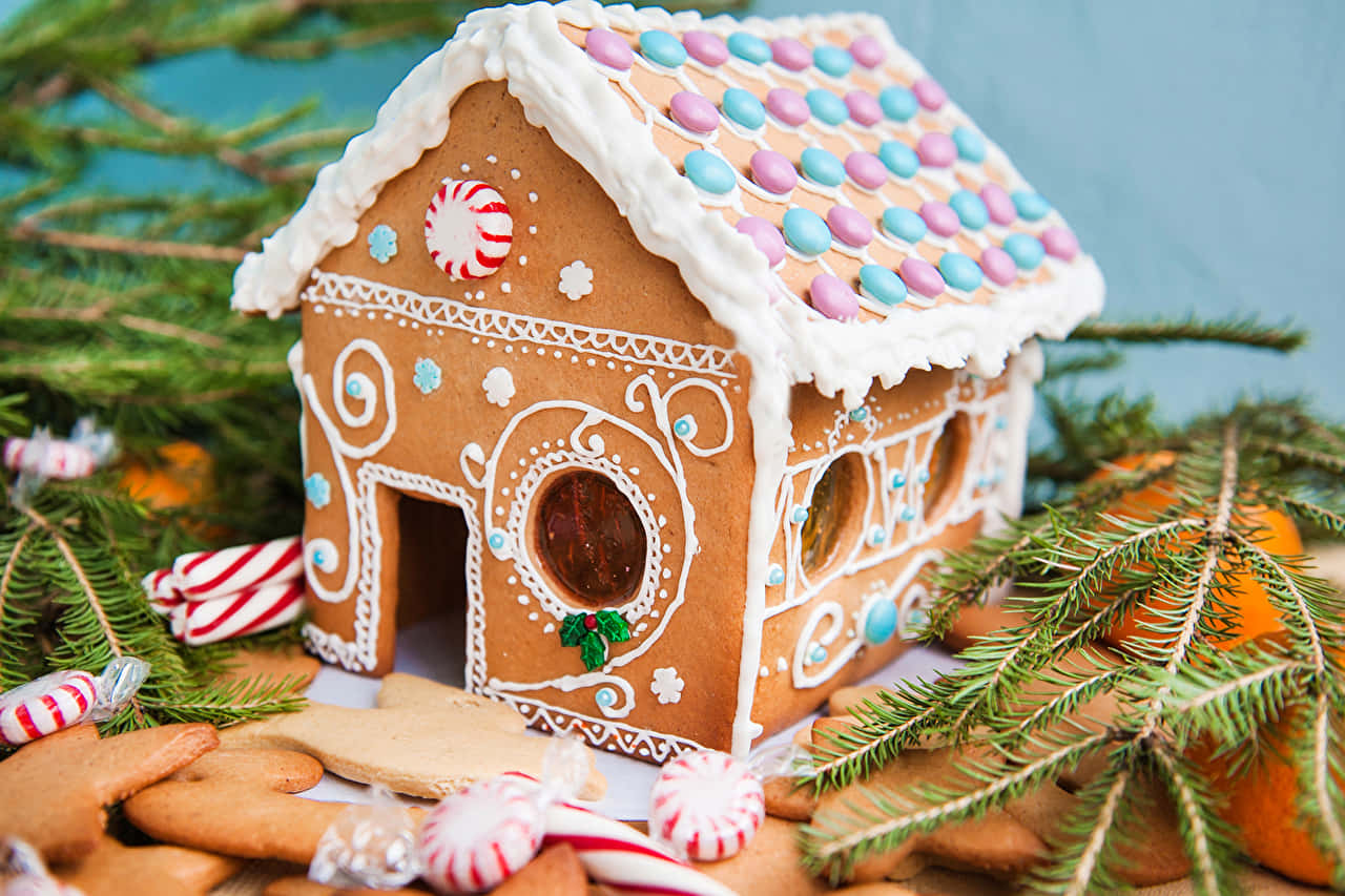 gingerbread house, white icing swirls, pastel candies, HD Desktop Wallpaper