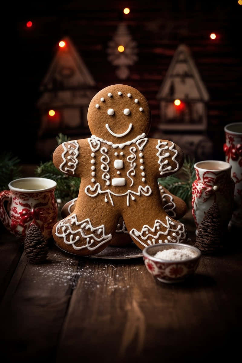 gingerbread man, white icing, wooden table, SD Phone Wallpaper