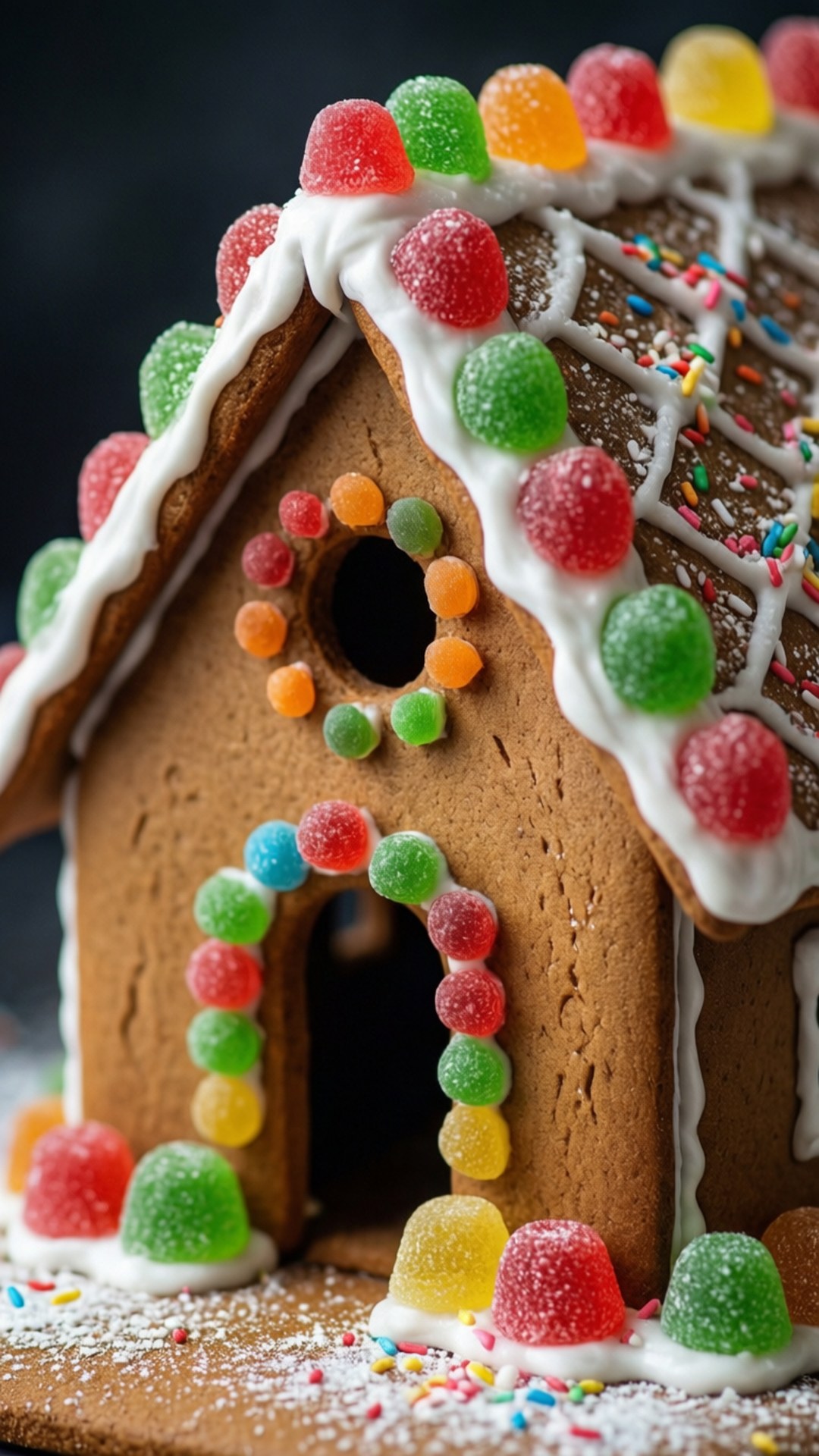 gingerbread house, gummy candies, white icing, Full HD Phone Wallpaper