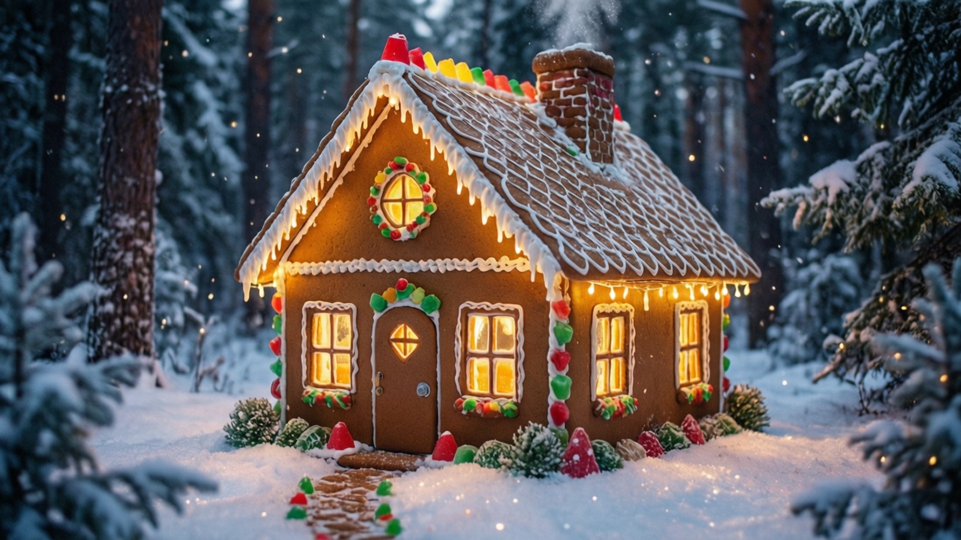 snowy forest, gingerbread house, glowing windows, Full HD Desktop Wallpaper