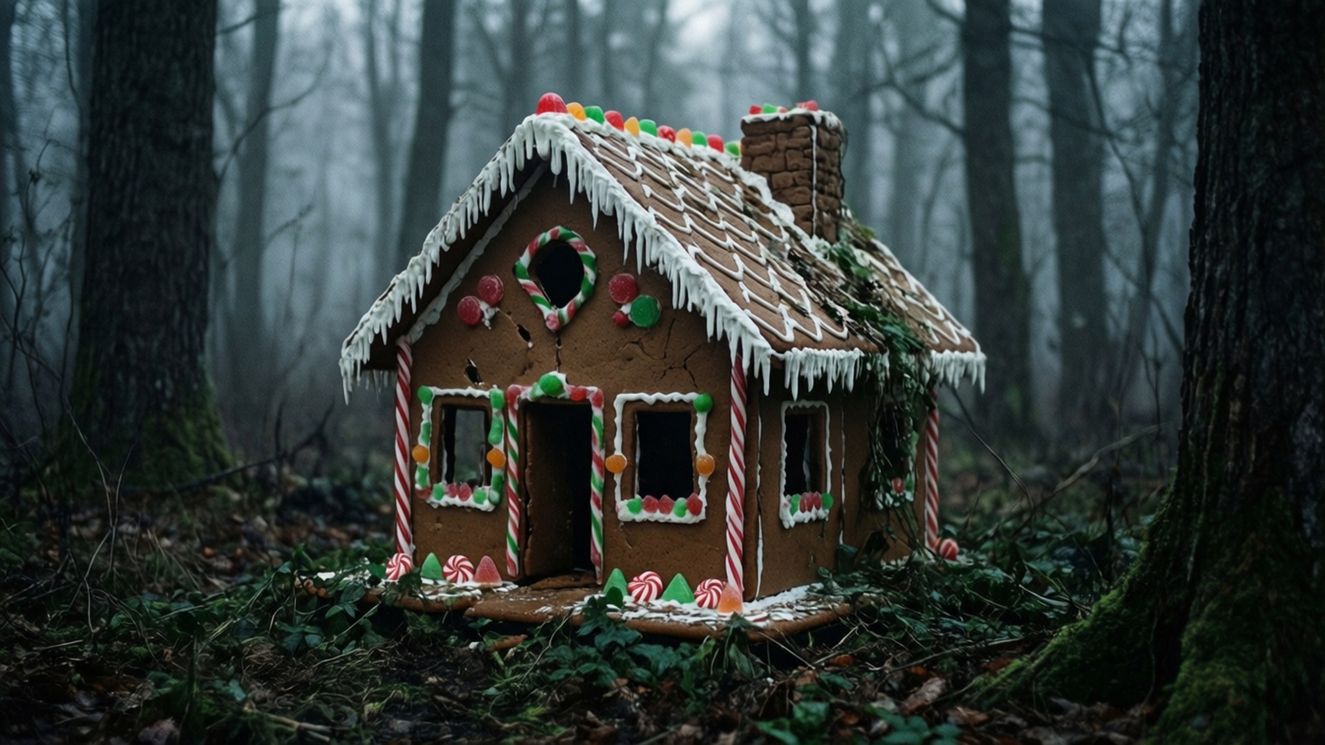 abandoned gingerbread house, candy decorations, misty forest, Full HD Desktop Wallpaper