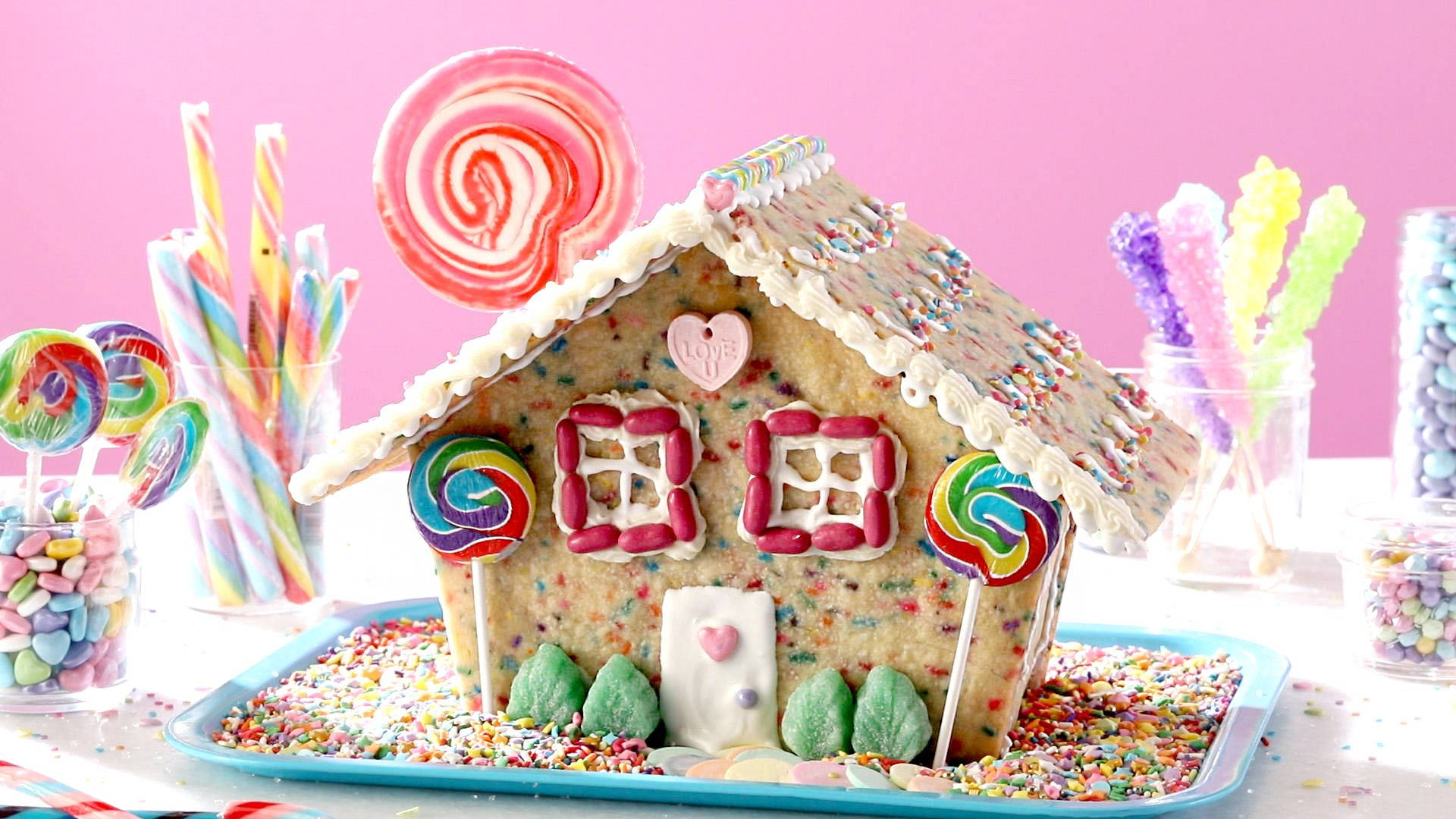 Girly Gingerbread House Theme, colorful lollipops, sprinkles, Full HD Desktop Wallpaper