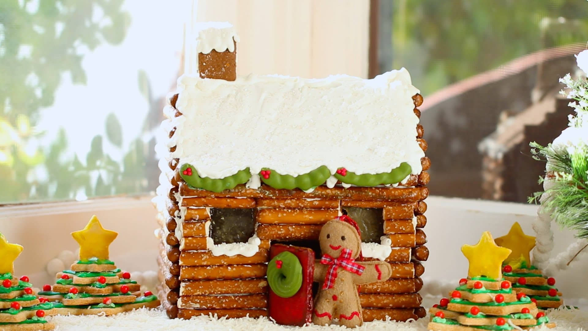 gingerbread house, log cabin, pretzels, Full HD Desktop Wallpaper