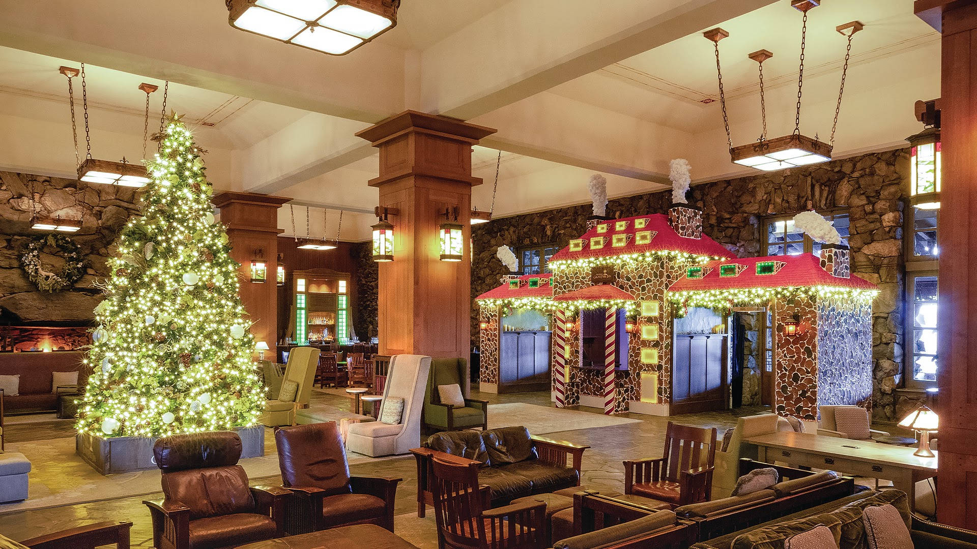 Christmas gingerbread house, glowing Christmas tree, grand lodge lobby, Full HD Desktop Wallpaper