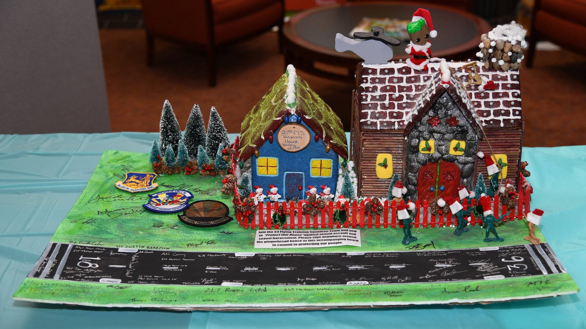 Army Unit Gingerbread House, gingerbread village display, snow-dusted trees, Full HD Desktop Wallpaper