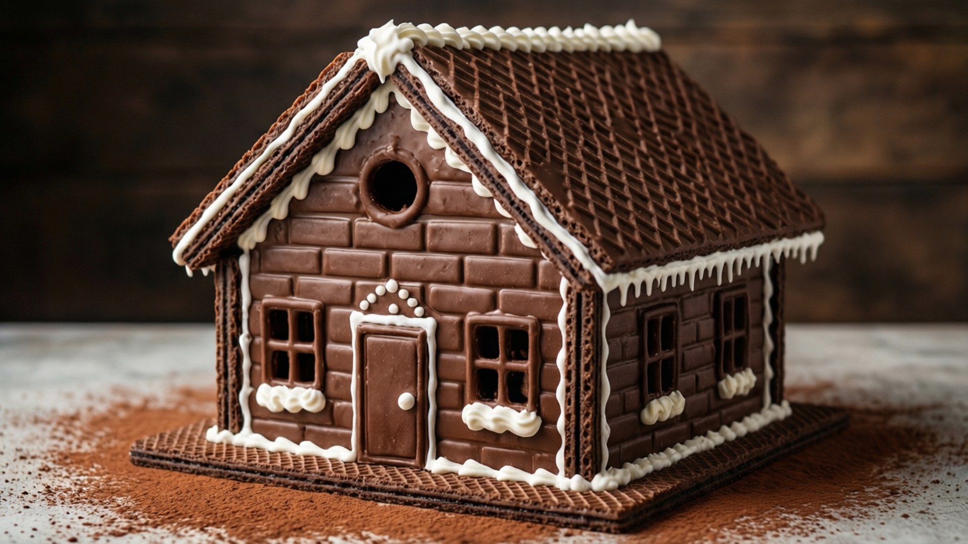 chocolate wafer gingerbread house, chocolate brick walls, white icing trim, Full HD Desktop Wallpaper