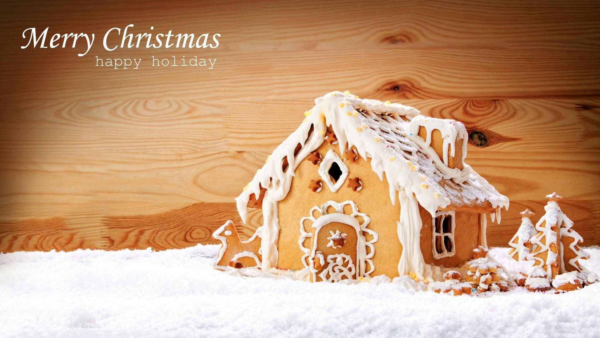 Gingerbread house, white icing details, snowy drifts, Full HD Desktop Wallpaper