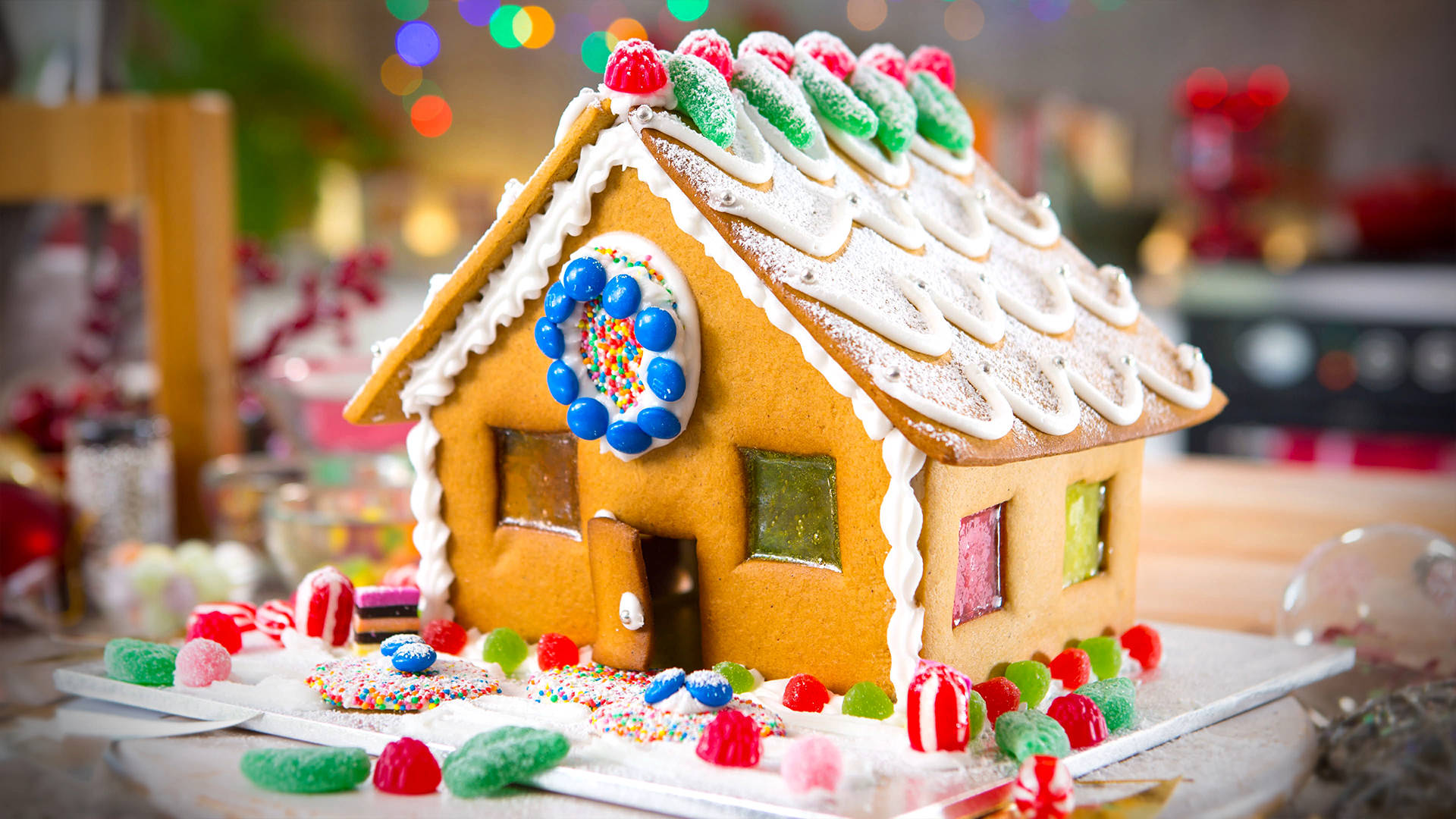 bungalow gingerbread house, colorful candies, sprinkles, Full HD Desktop Wallpaper