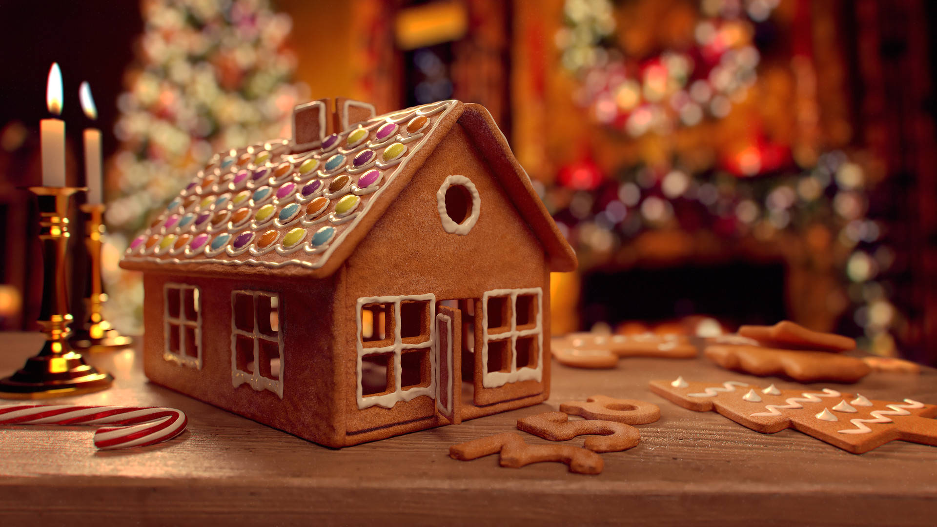 delicate gingerbread house design, colorful candies, wooden table, Full HD Desktop Wallpaper
