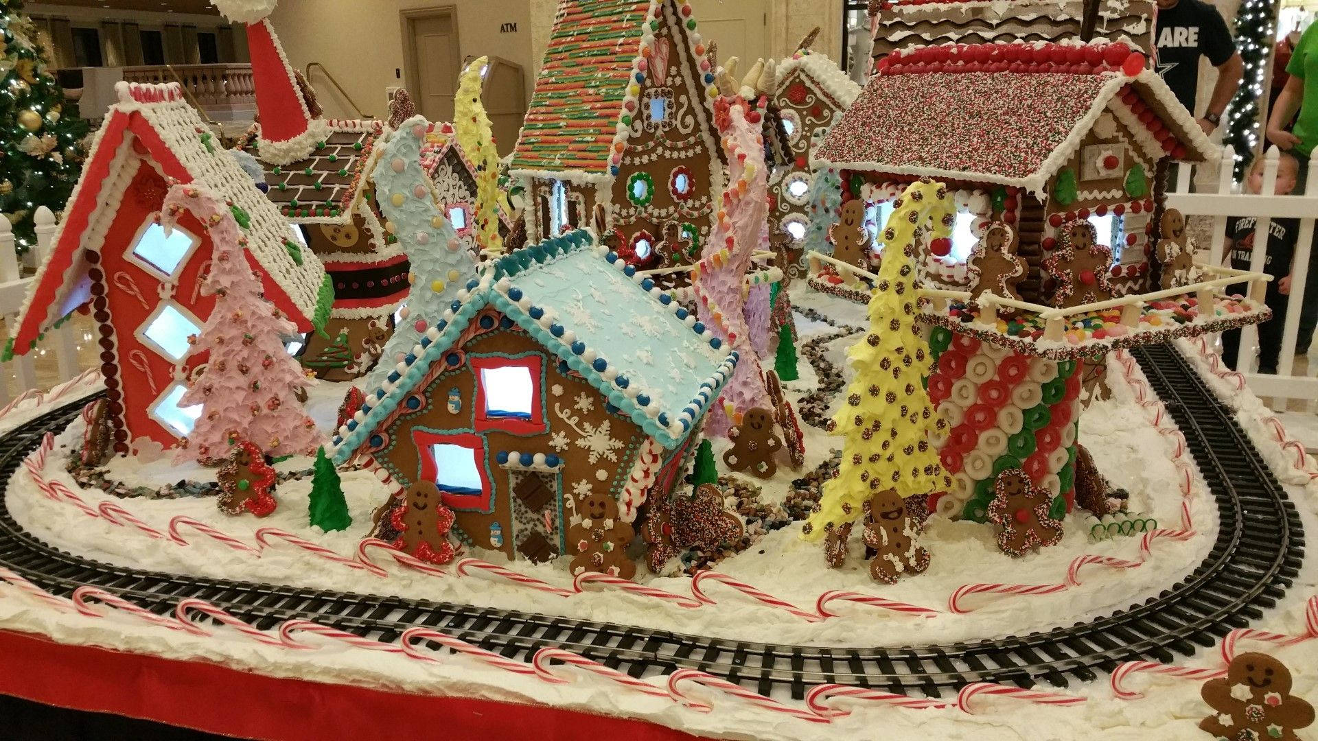 Gingerbread house train rail village, toy train, candy houses, Full HD Desktop Wallpaper