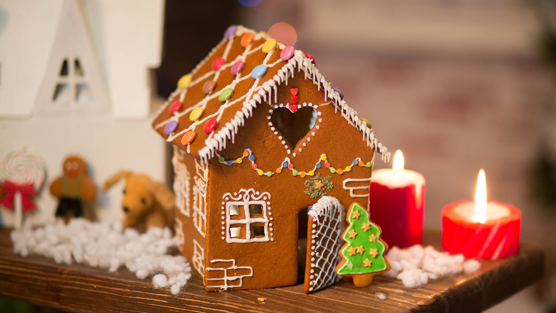 Christmas Pastry Gingerbread House, gingerbread house, colorful candies, Full HD Desktop Wallpaper