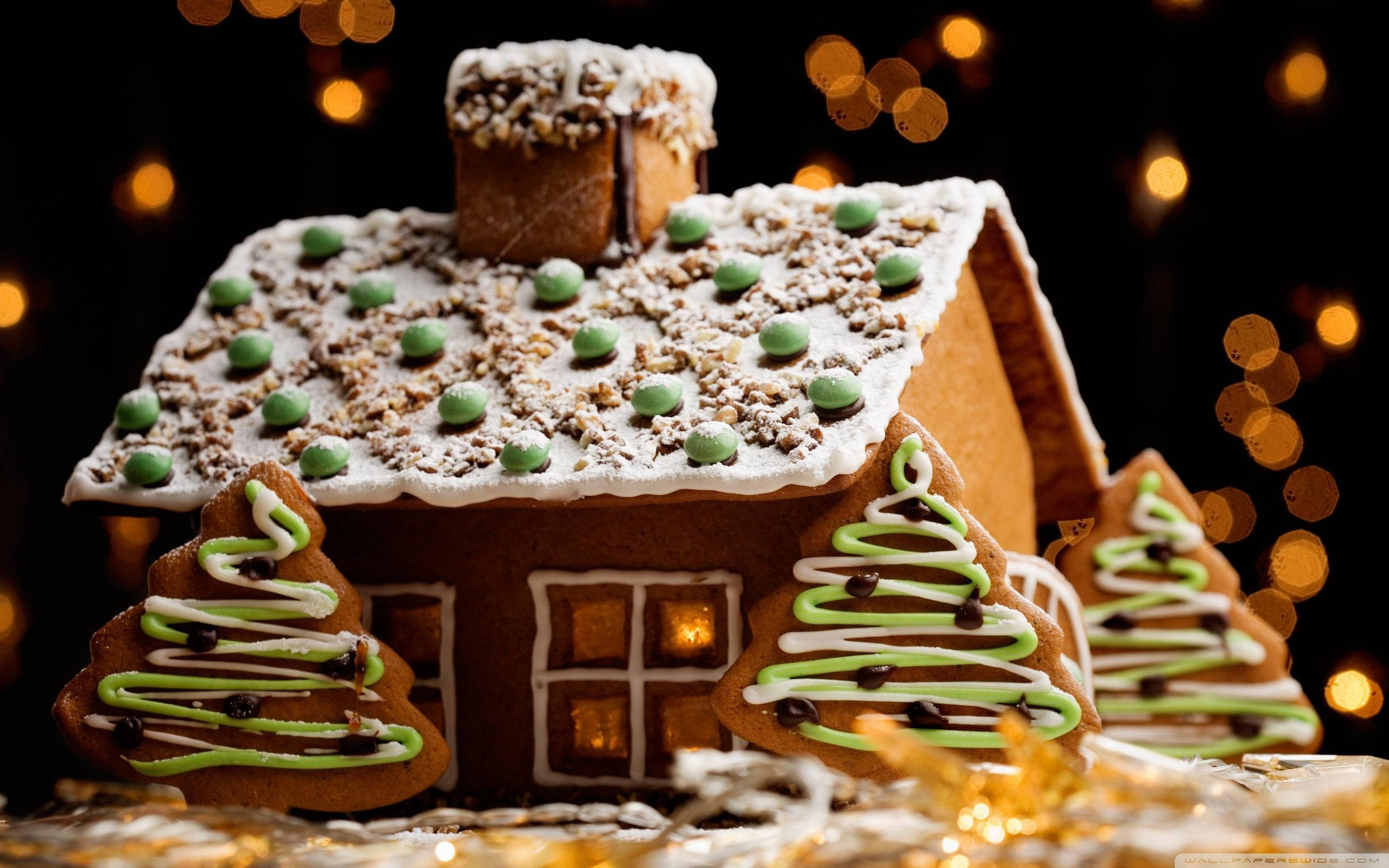 mint green, gingerbread house, green candies, 2K Desktop Wallpaper