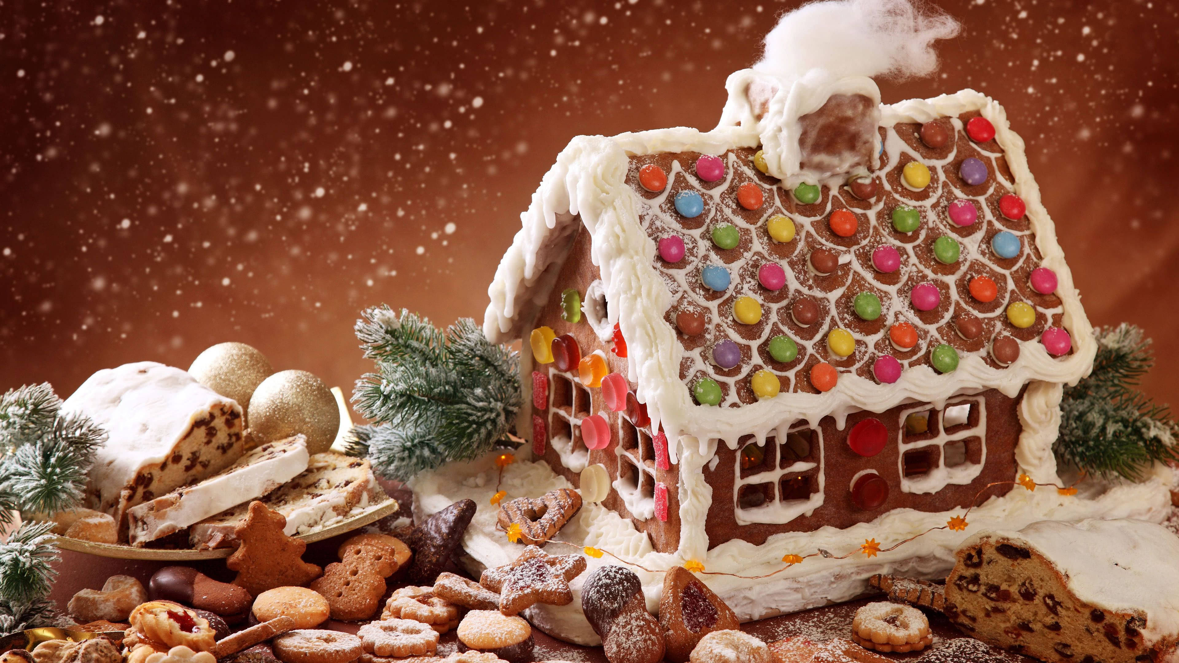 gingerbread house, colorful candies, white icing, 4K Desktop Wallpaper