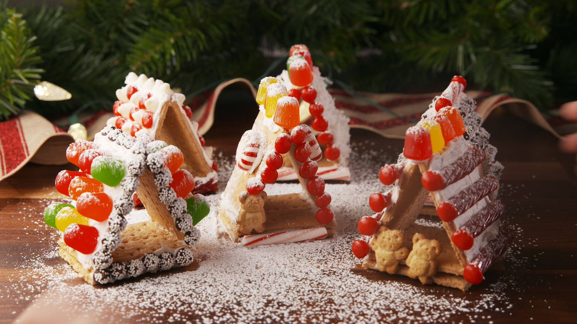 Delish Kids Mini Gingerbread House, gingerbread teepees, colorful candies, Full HD Desktop Wallpaper