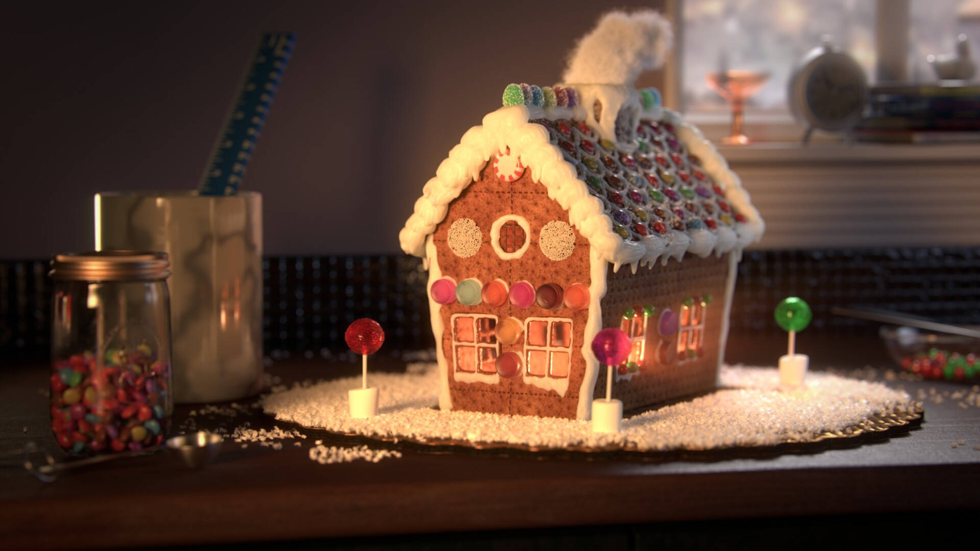 Lollipop Themed Gingerbread House, gingerbread house, lollipops, Full HD Desktop Wallpaper