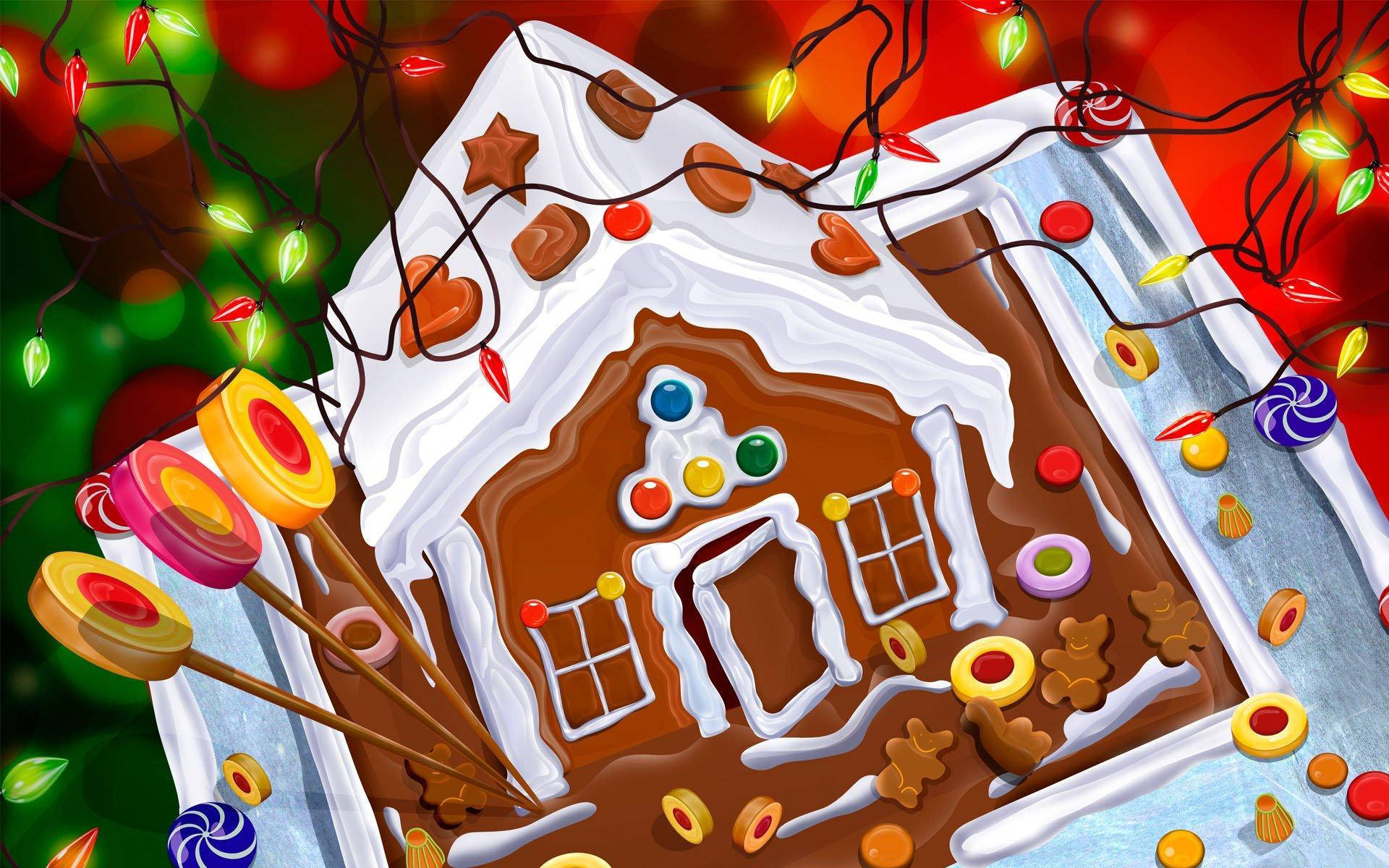 Gingerbread House, candy decorations, colorful lights, Full HD Desktop Wallpaper