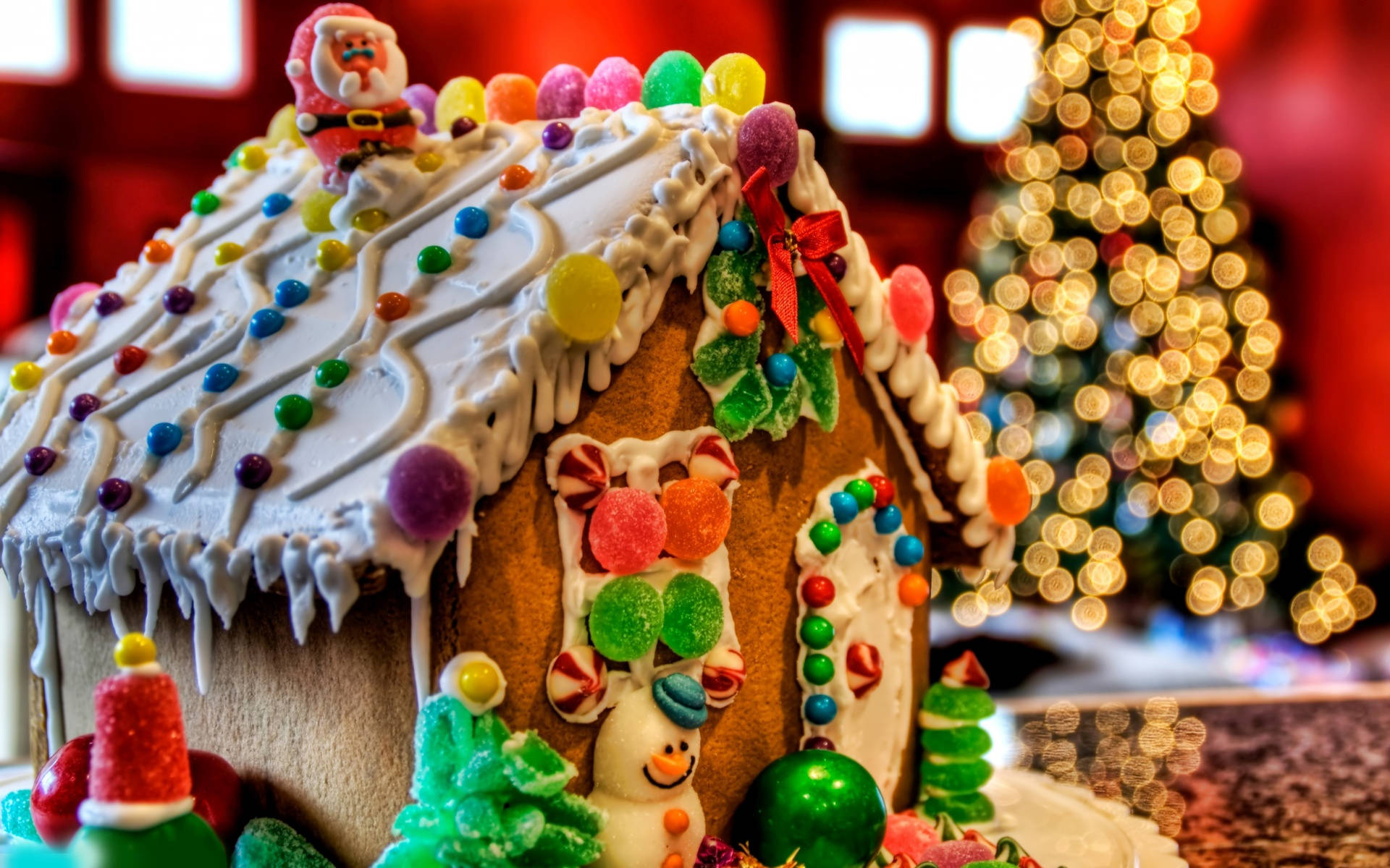 colorful gingerbread house, Santa figurine, Christmas tree, Full HD Desktop Wallpaper
