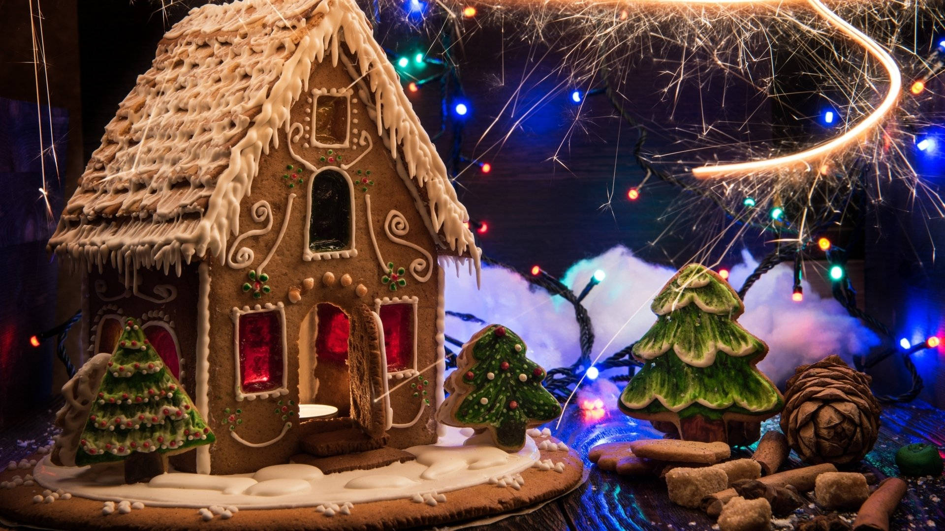 magical gingerbread house design, icing decorations, candy trees, Full HD Desktop Wallpaper