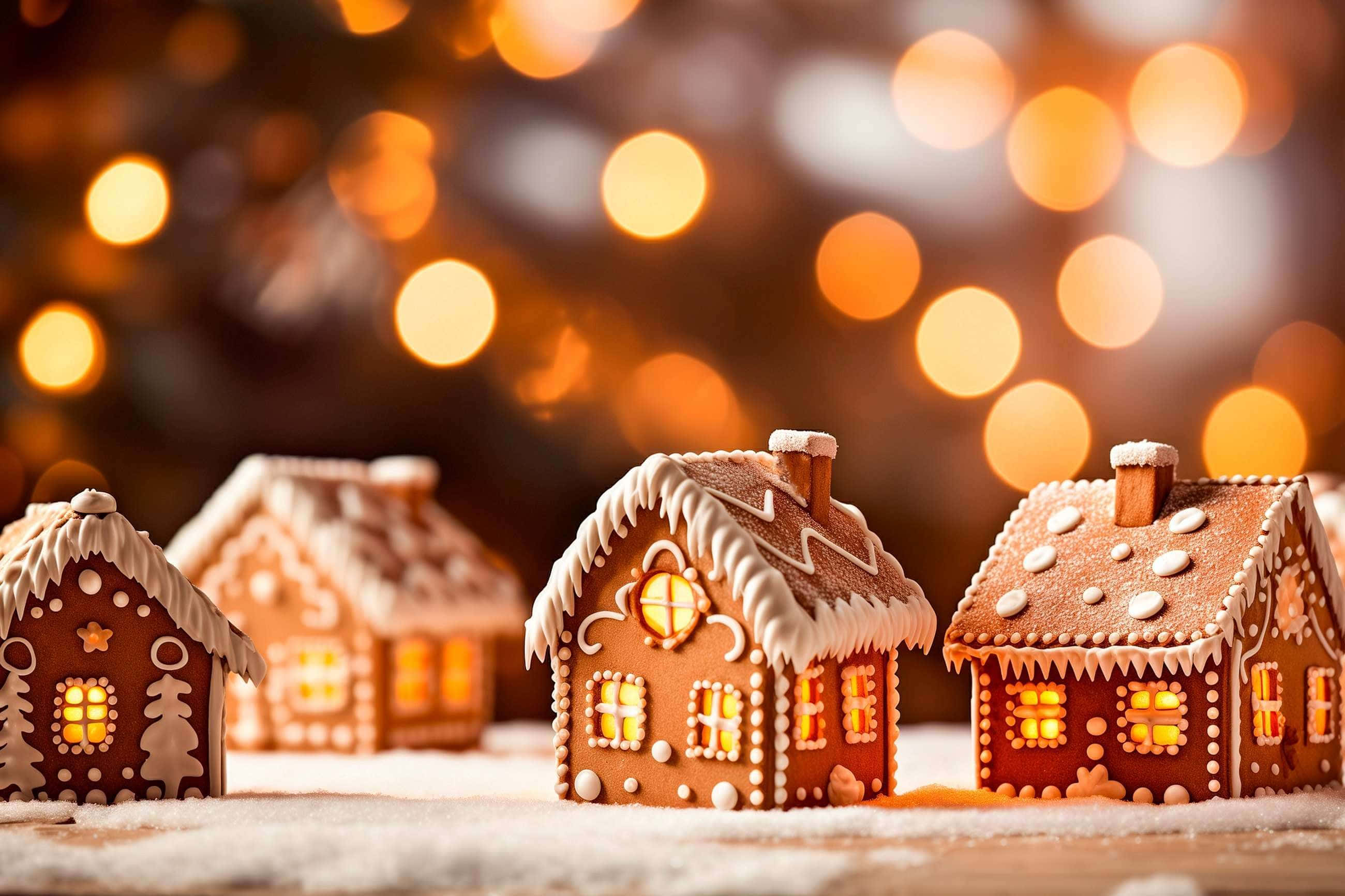 Gingerbread House, glowing windows, snowy foreground, 2K Desktop Wallpaper