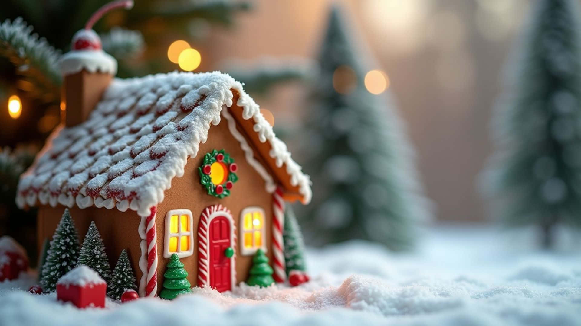 gingerbread house, candy cane pillars, glowing windows, Full HD Desktop Wallpaper