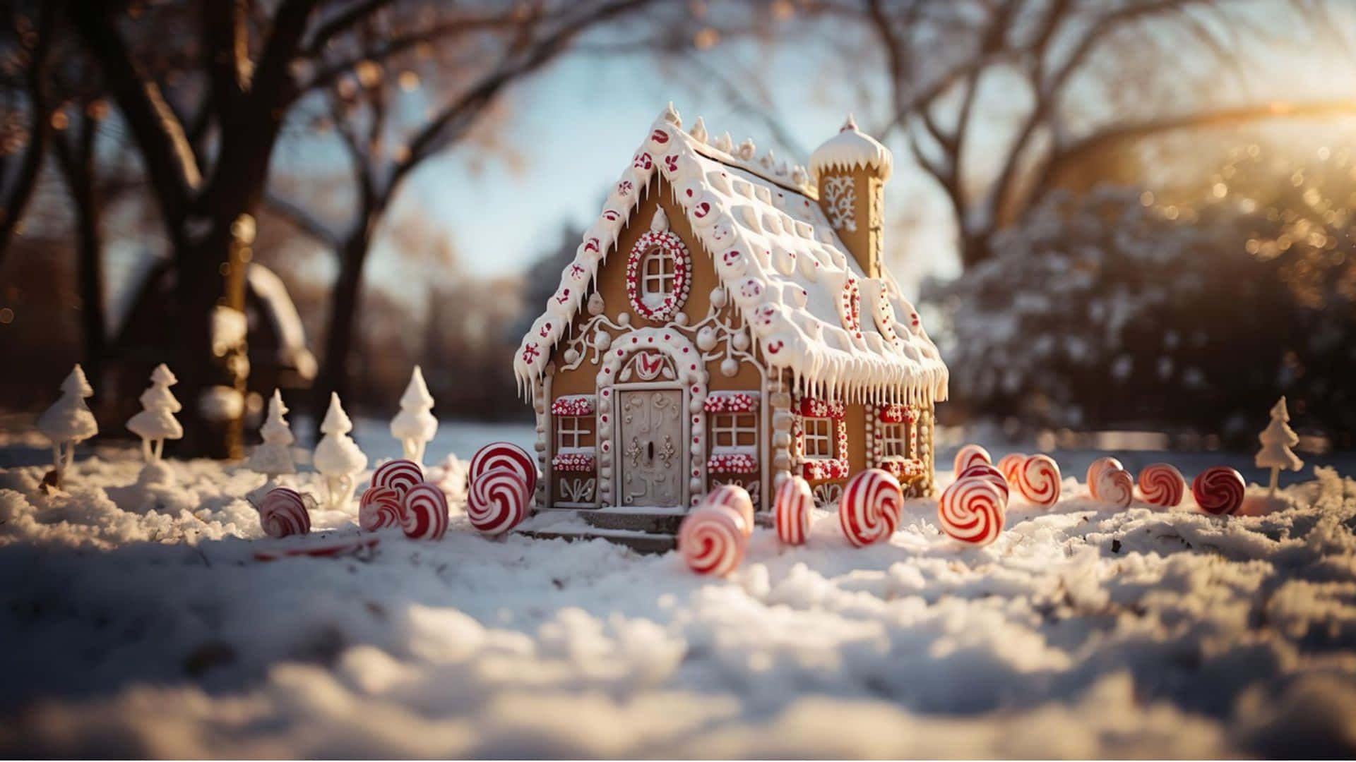 Gingerbread house, white icing, red candies, Full HD Desktop Wallpaper