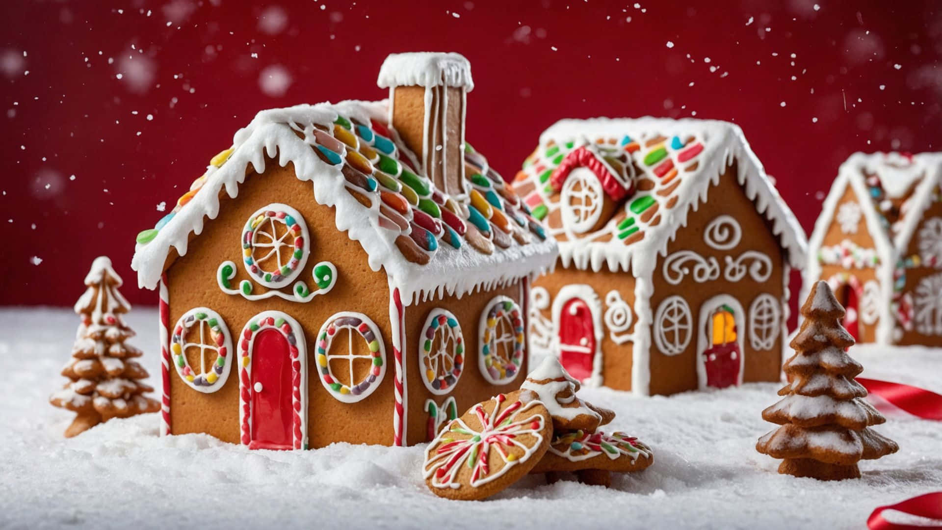 Gingerbread house, colorful candies, white icing, Full HD Desktop Wallpaper