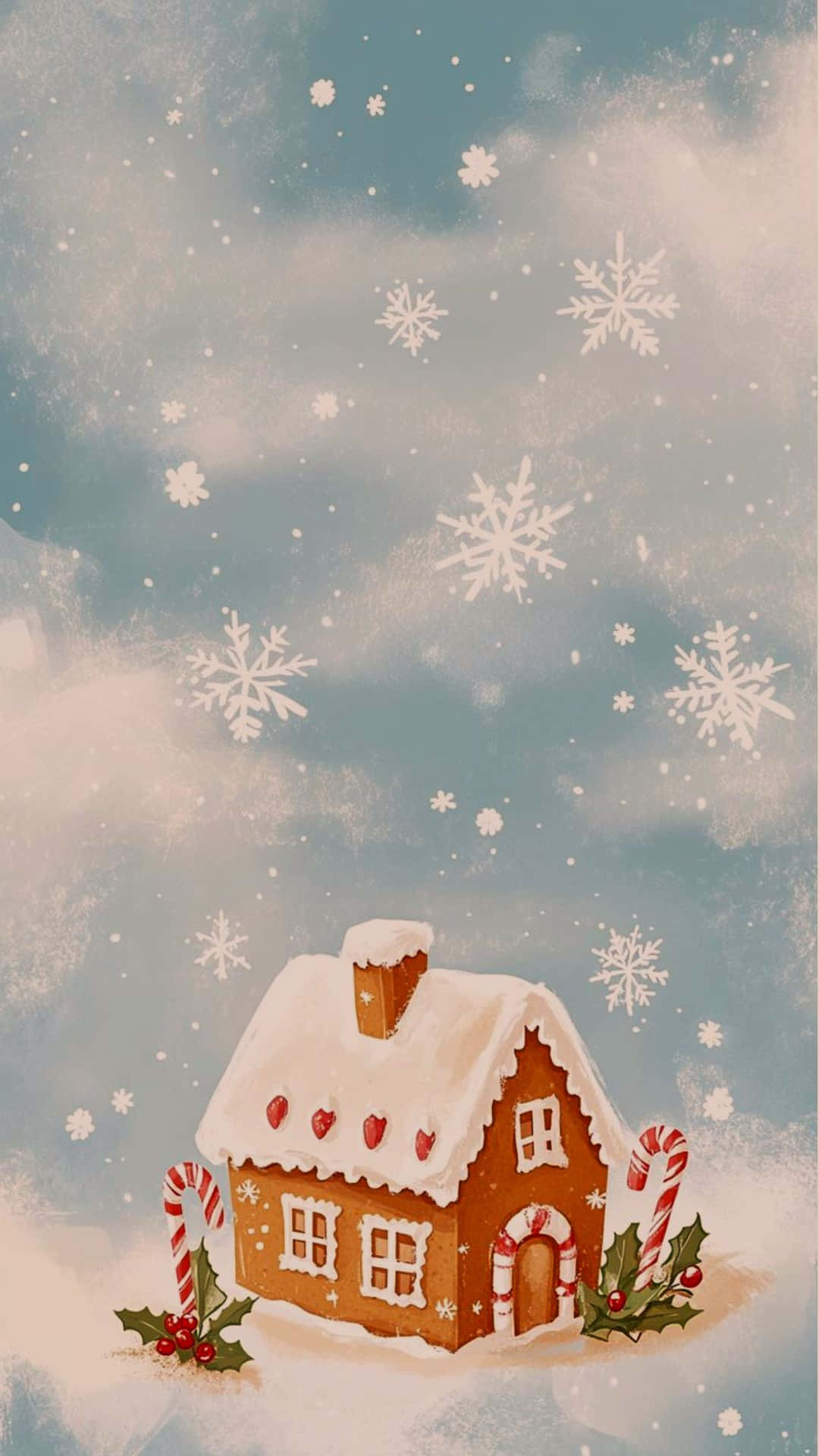 gingerbread house, candy cane pillars, holly, Full HD Phone Wallpaper
