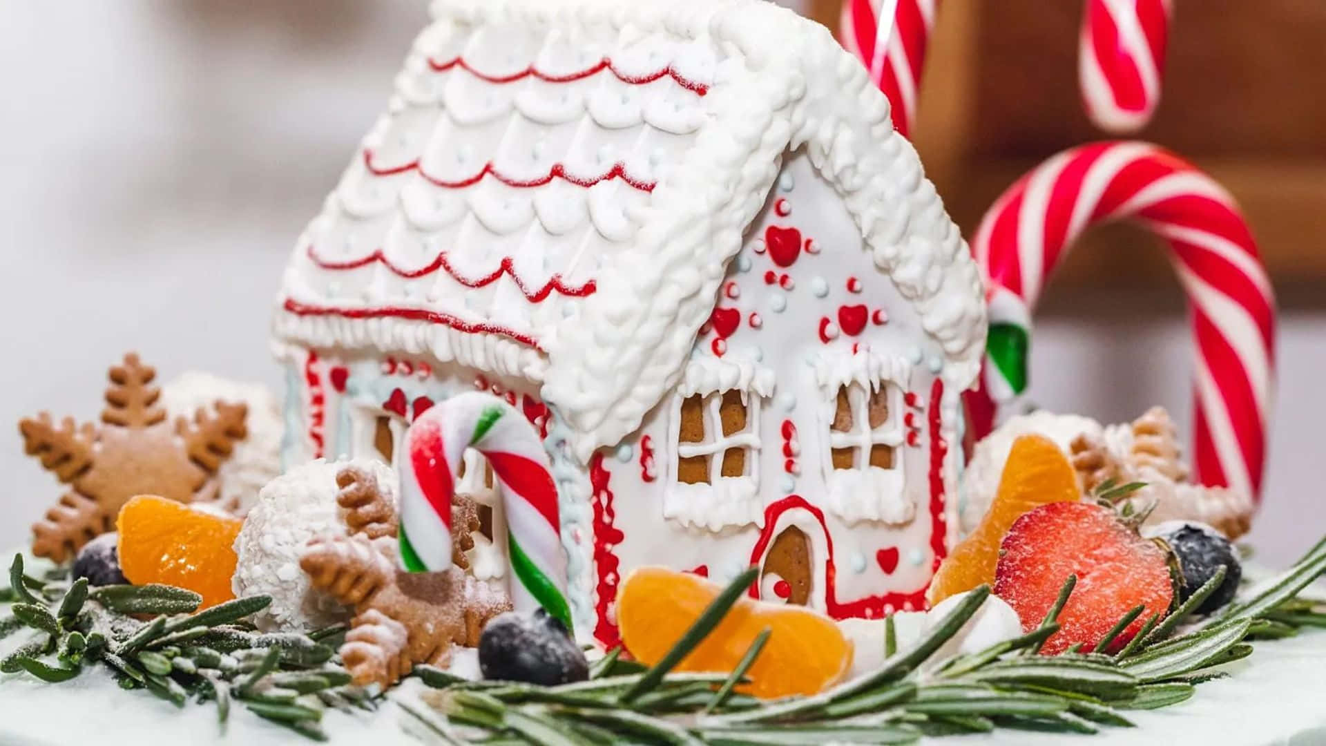 gingerbread house, white icing, red hearts, Full HD Desktop Wallpaper