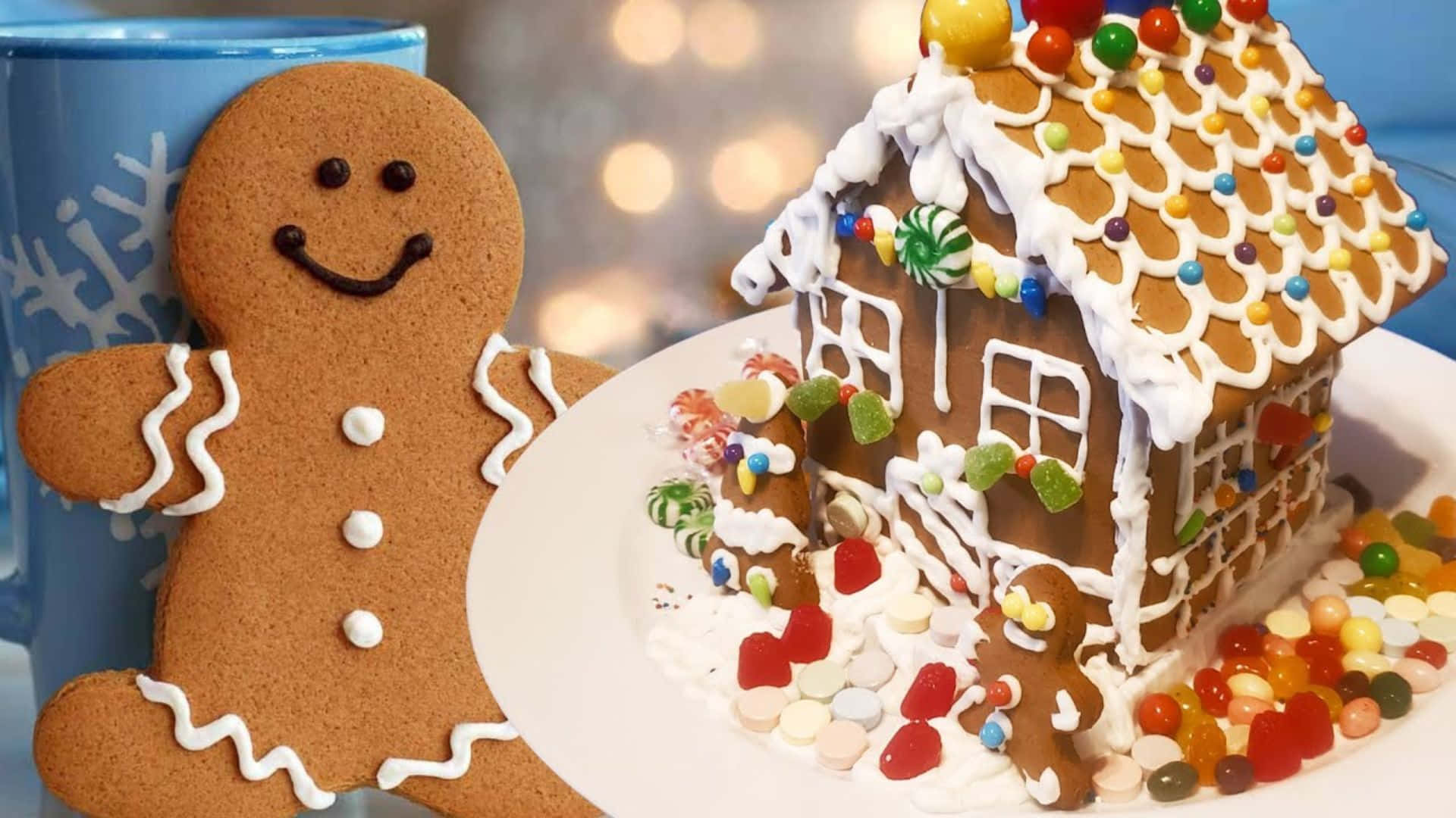 gingerbread man, gingerbread house, colorful candies, Full HD Desktop Wallpaper