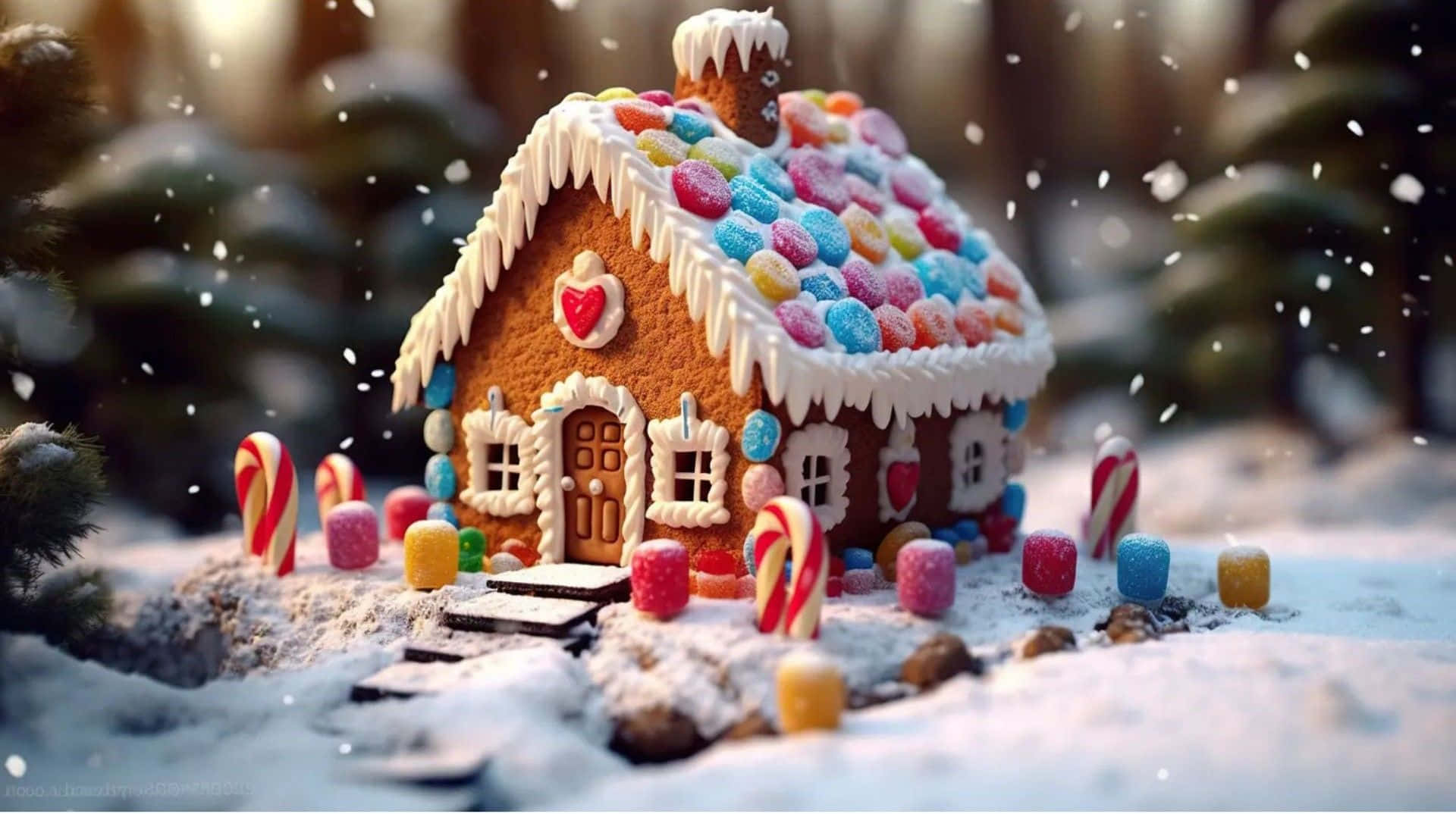 Gingerbread house, colorful candies, white icing, Full HD Desktop Wallpaper