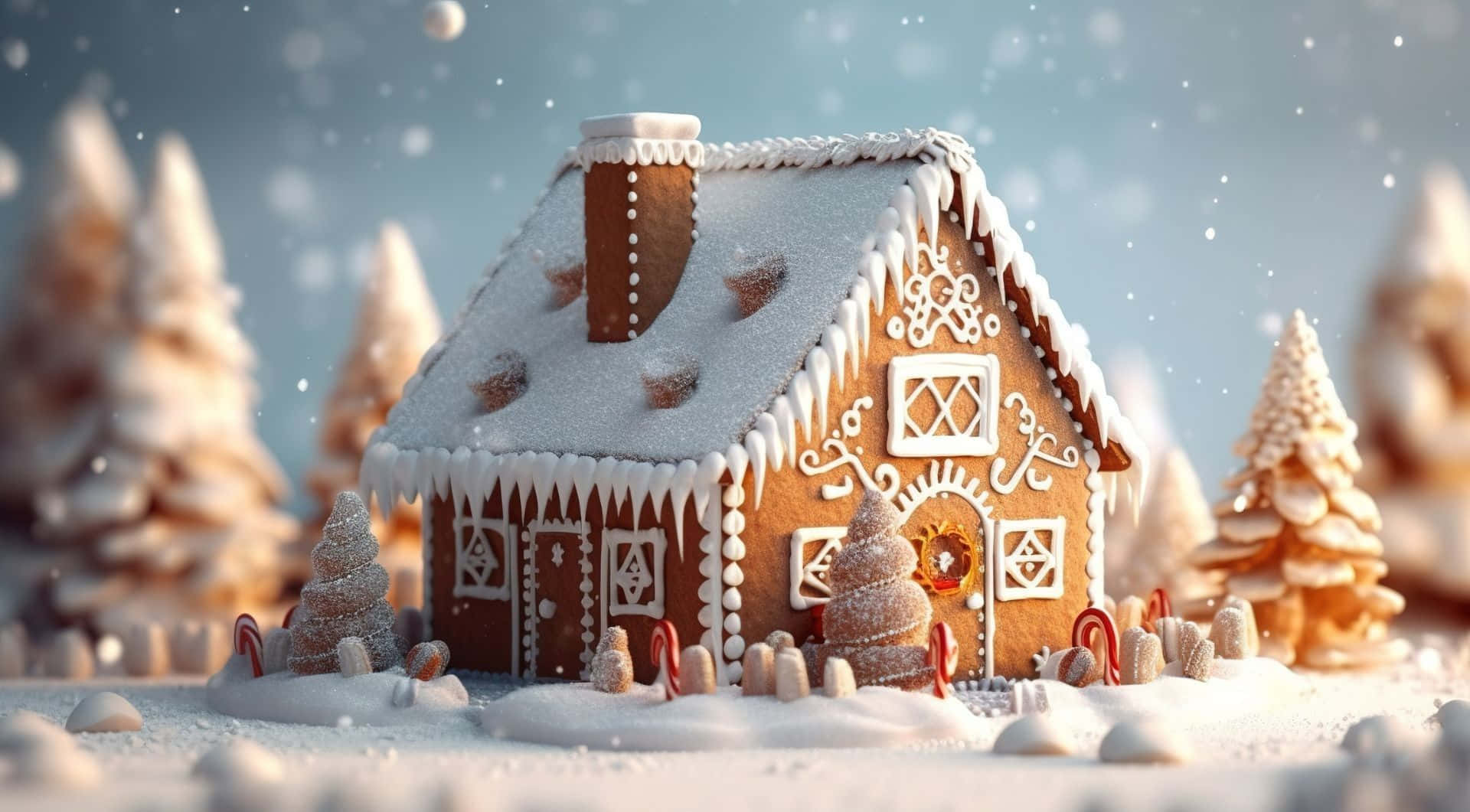 gingerbread house, snowy winter forest, white icing, Full HD Desktop Wallpaper