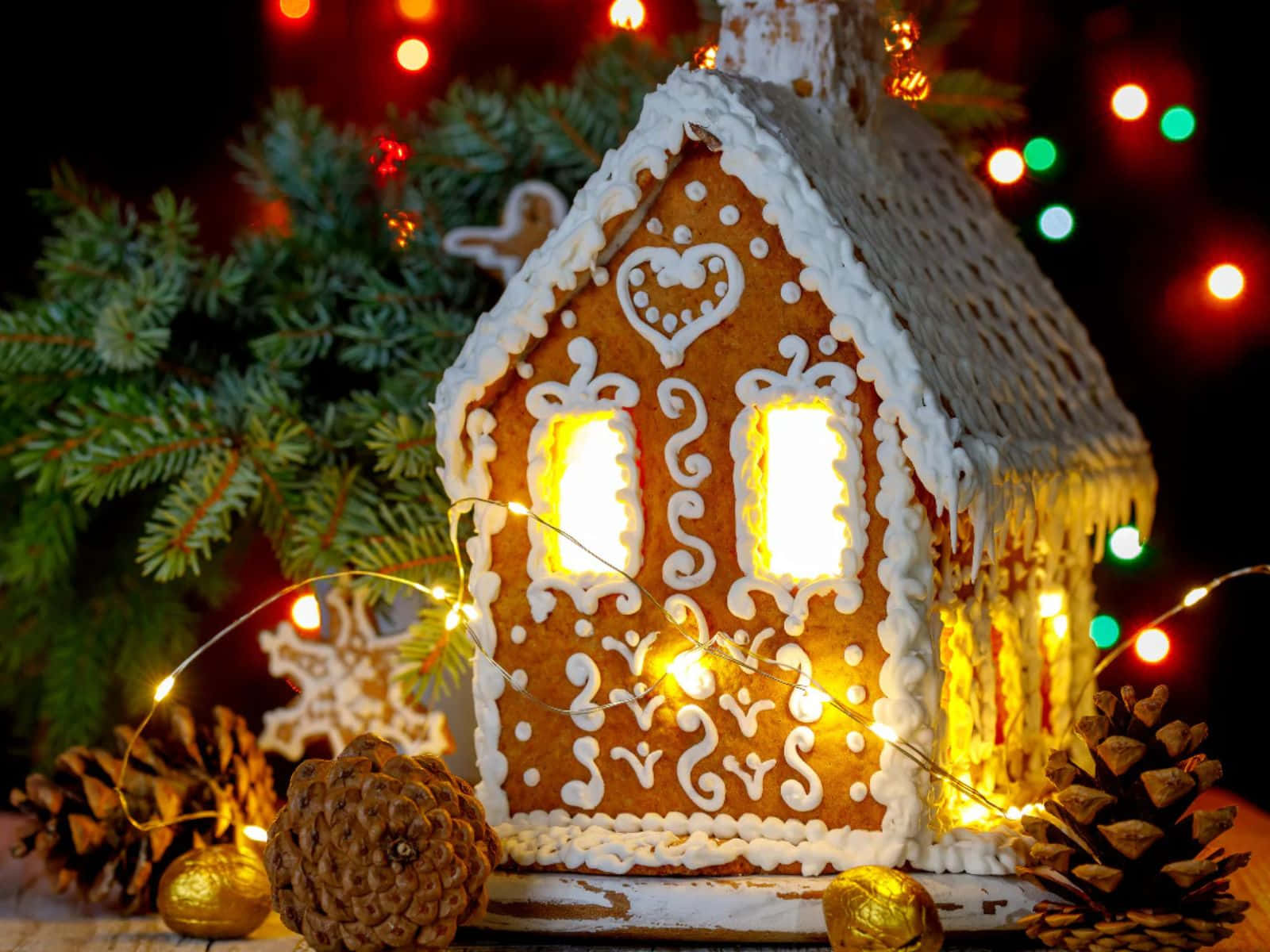 cozy illuminated gingerbread house, white icing, glowing windows, HD Desktop Wallpaper