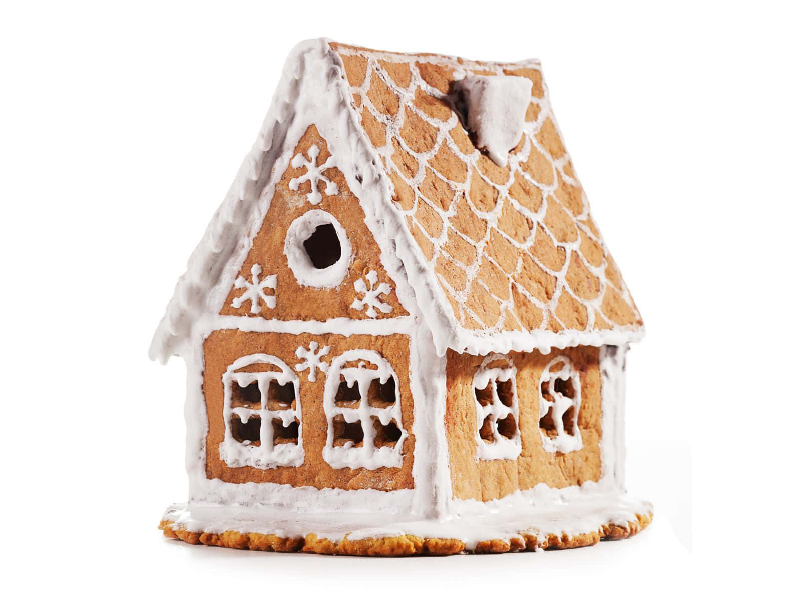 classic gingerbread house design, white icing snowflakes, roof trim, HD Desktop Wallpaper