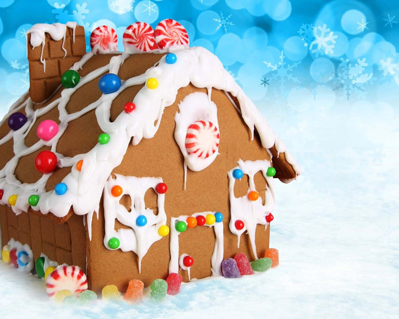 classic festive gingerbread house, colorful candies, white icing, HD Desktop Wallpaper